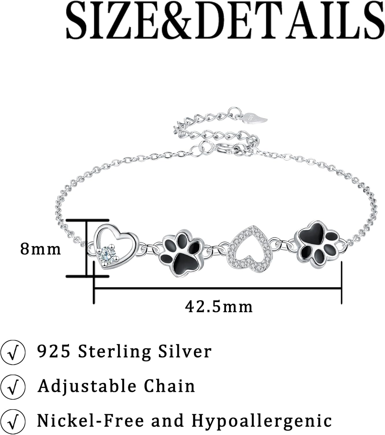 Detalle de Micory Bracelet Femme en Argent Sterling 925 Ajustable – Cœur et Empreinte d’Animaux