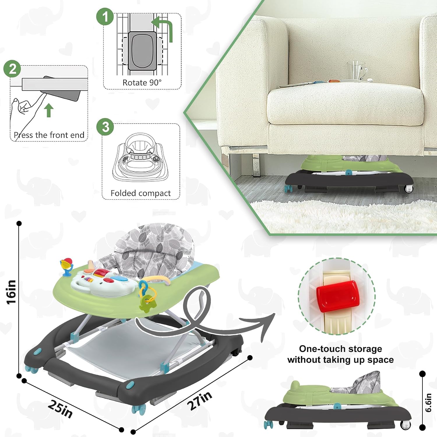 Detalle 2 de Pawtong 5-in-1 Baby Walker in Green with 3-Position Height Adjustment