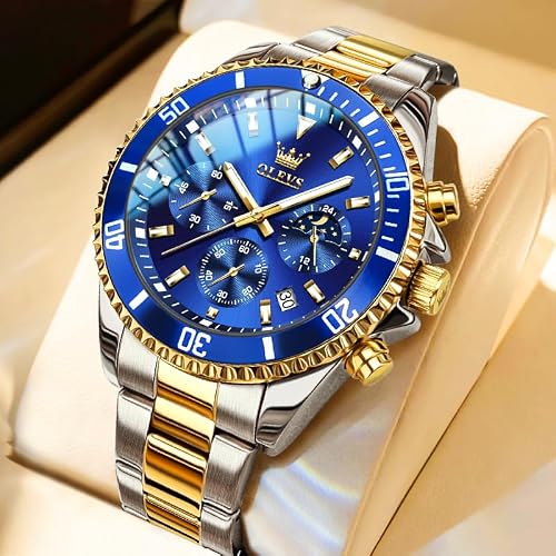 Thumbnail 1 de OLEVS Men’s Stainless Steel Chronograph Watch, Blue Dial, Two-Tone