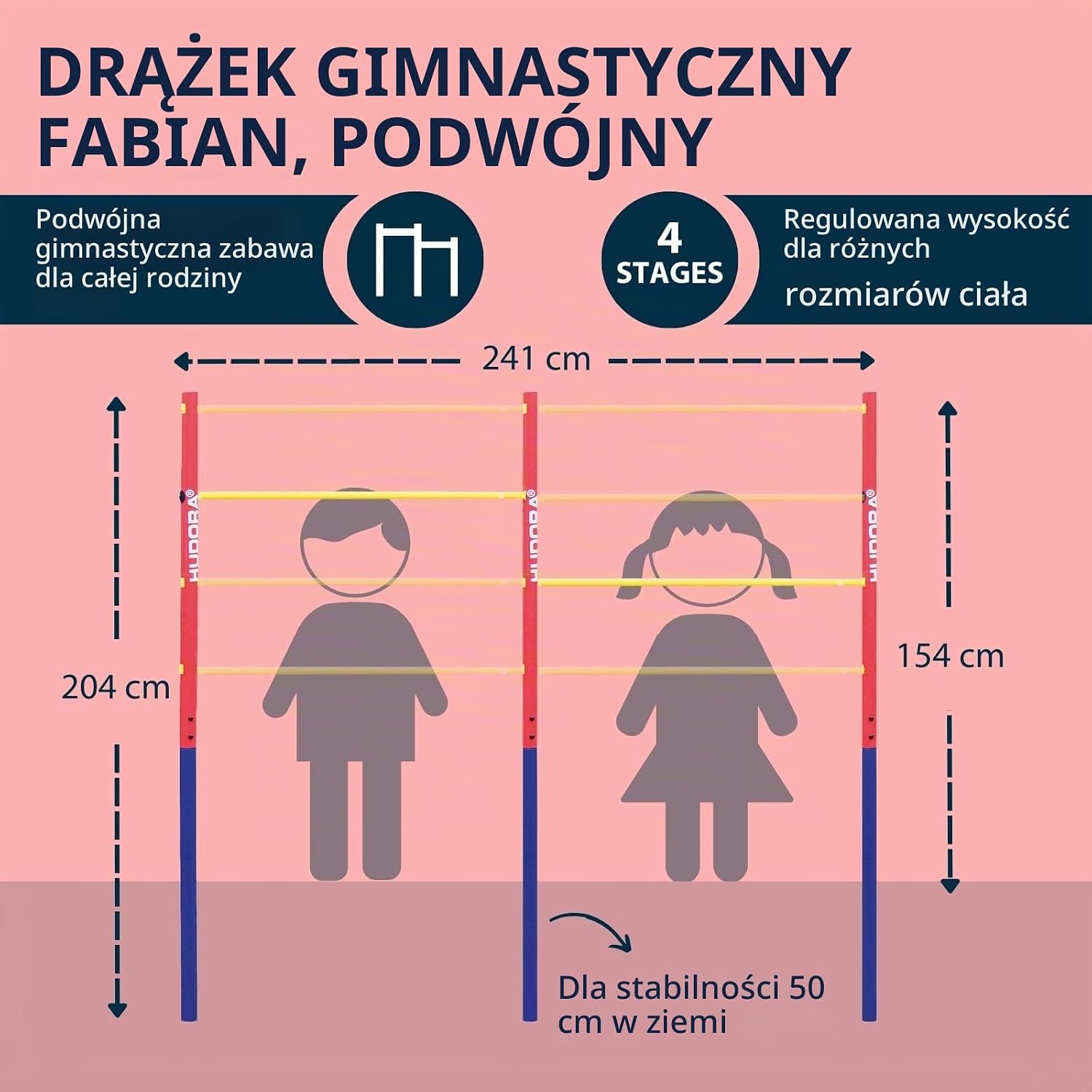 Detalle de HUDORA Fabian 64002 – podwójny drążek gimnastyczny do ogrodu, regulacja wysokości