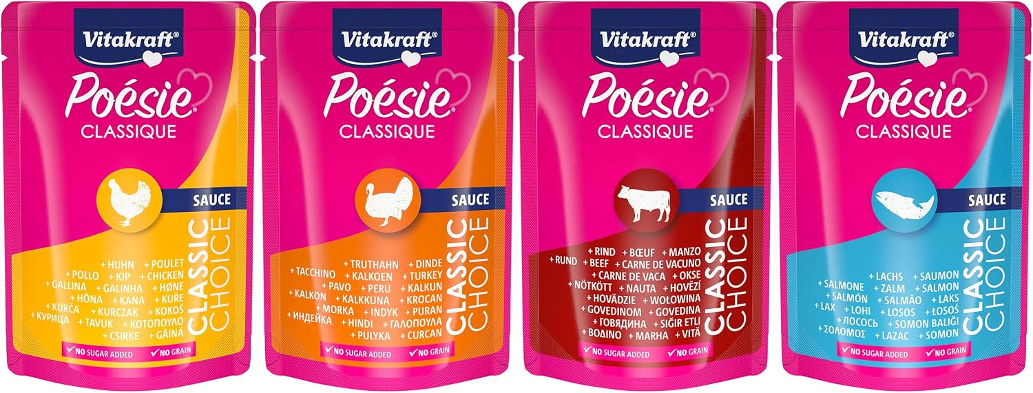 Detalle de Vitakraft Poésie Classique Vorratspackung Nassfutter Katze – Filet mit Huhn, Truthahn, Rind und Lachs (96 x 85 g)