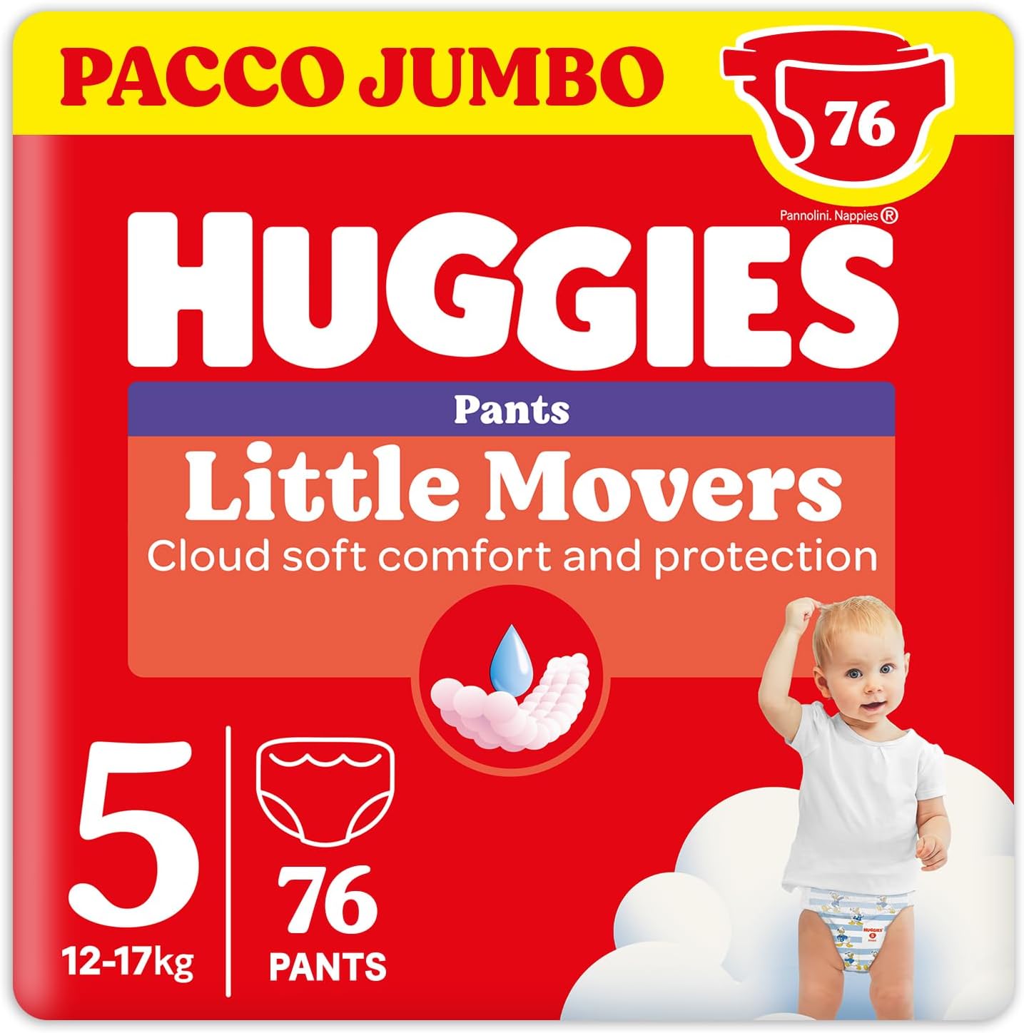 Huggies Little Movers Mutandina Taglia 5 (12-17 Kg) – Ultra assorbente, protezione completa, 76 Pz