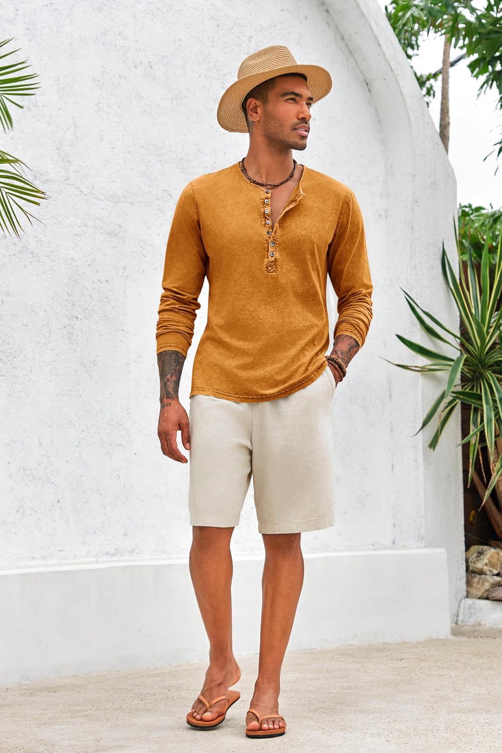 Detalle 2 de Beotyshow Henley Langarm Hemd Herren – Slim Fit, Baumwolle, Vintage Casual