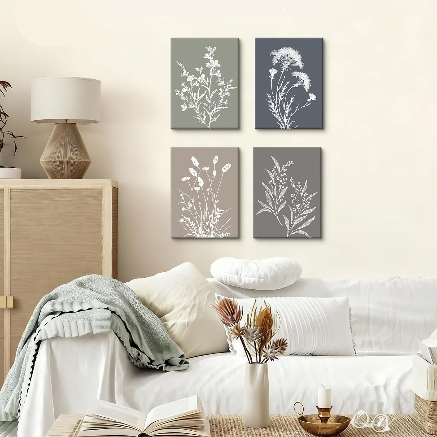 Thumbnail 2 de 4 Pcs Wooden Framed Canvas Wall Art Set – Boho Botanical Floral Prints (30x40 cm each) for Living Room, Bedroom and Hallway