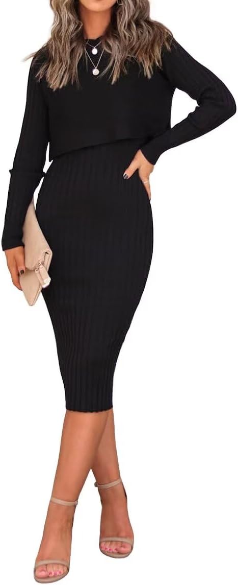 Detalle de LACOZY ribbed knit 2-piece sweater set with crop top and bodycon midi dress
