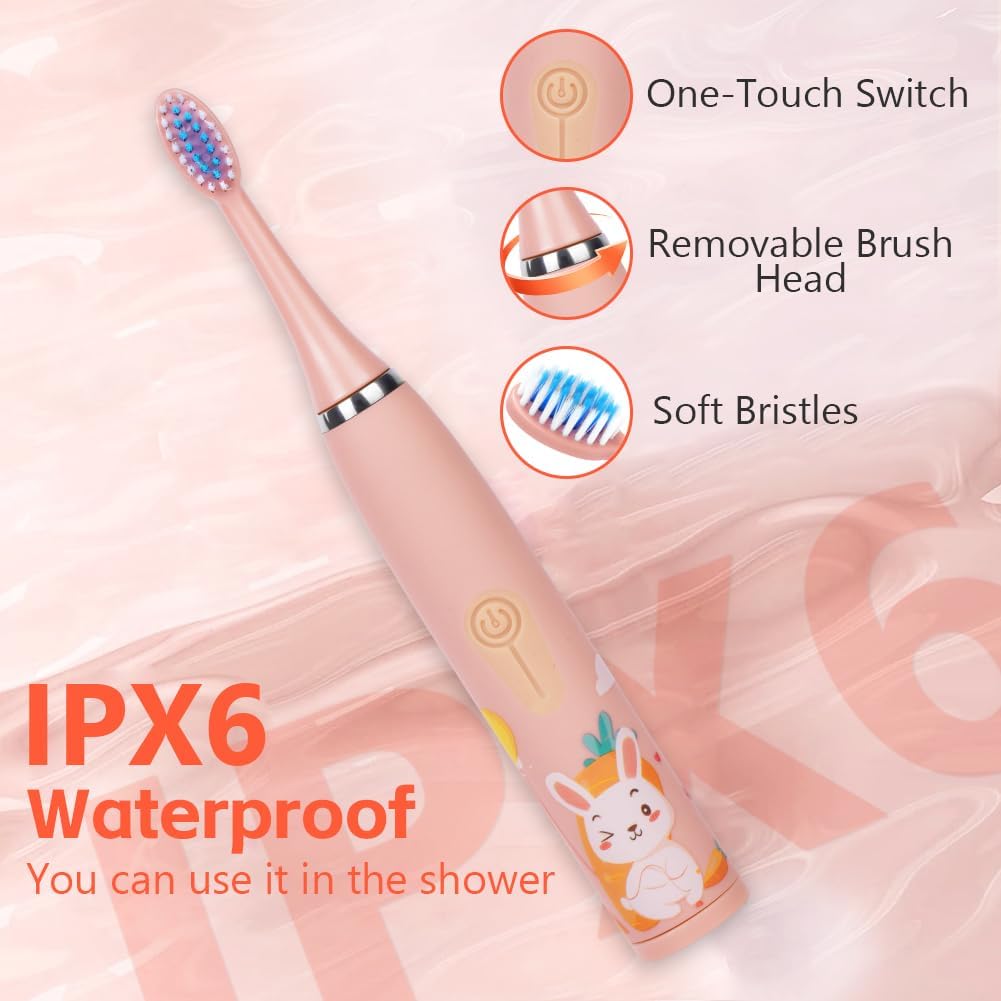 Detalle de Vicloon Kids Electric Toothbrush (Pink) – 6 Replaceable Heads, 4 Modes, 18000 Strokes, IPX6, 2-Minute Timer