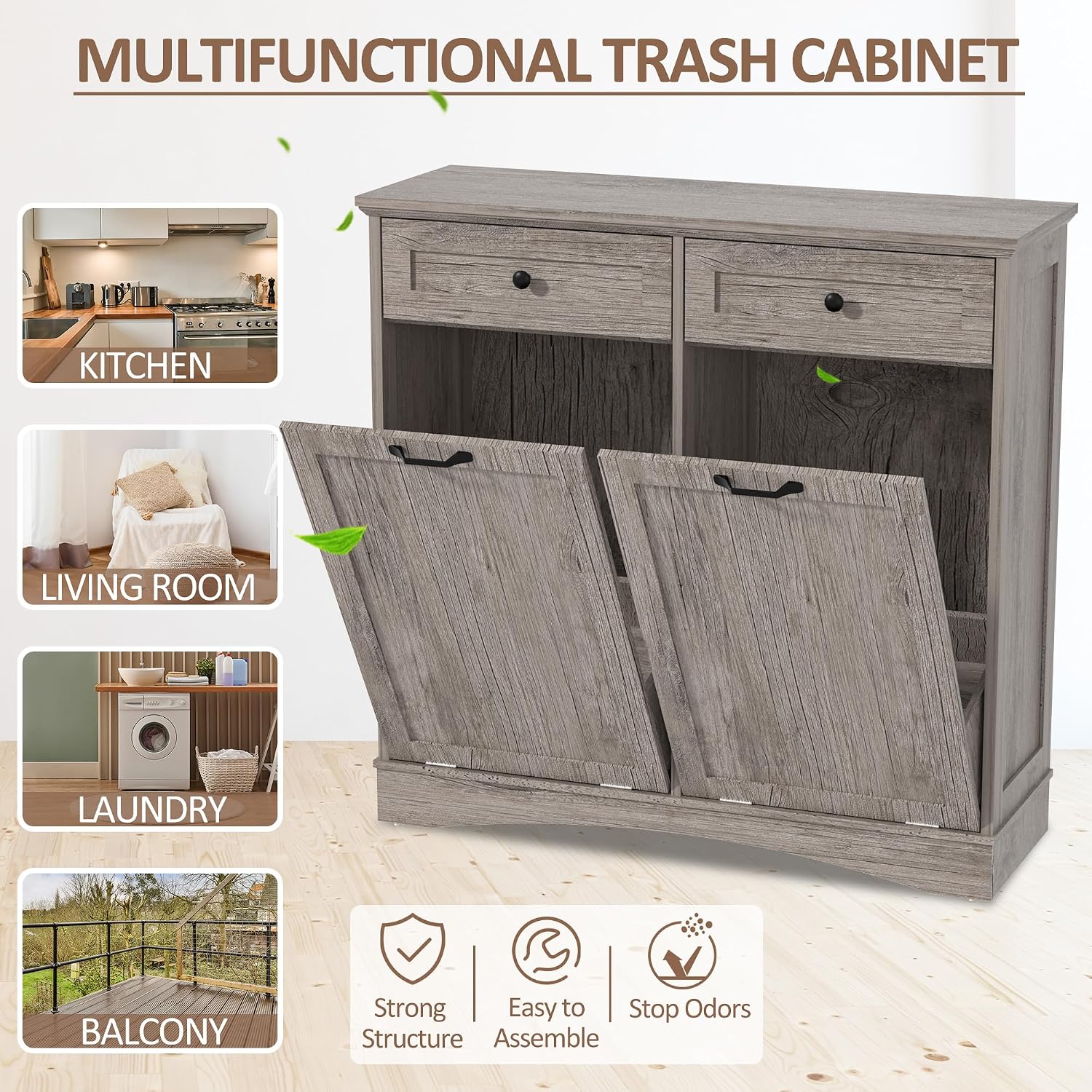 Detalle 1 de OUTGUAVA Double Tilt-Out Trash Cabinet, Gray, 26-Gallon Capacity, Drawers