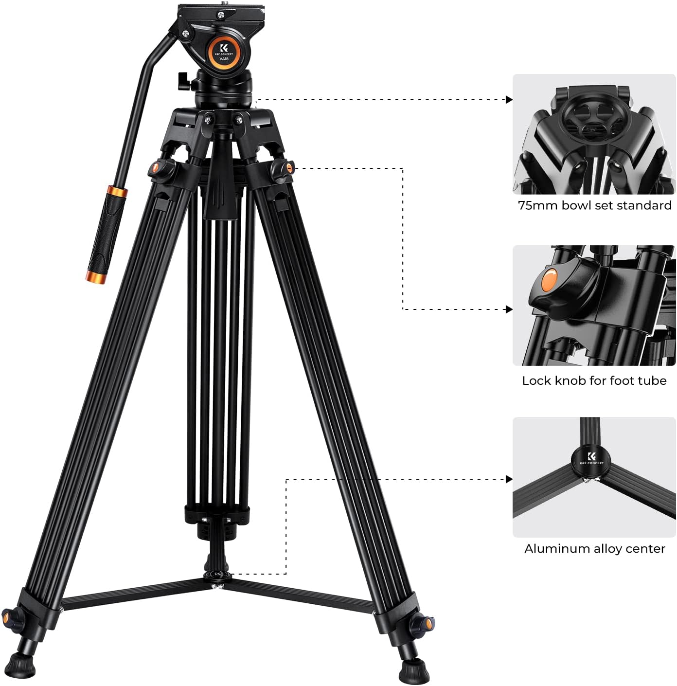 Thumbnail 4 de K&F Concept 72" Video Tripod with 360° Fluid Head – Heavy-Duty Aluminium, Supports up to 8kg