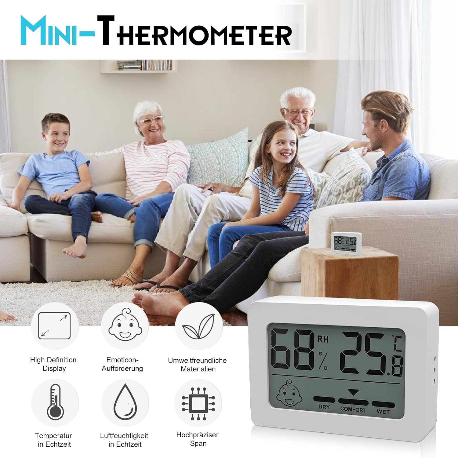 Detalle de HOSPAOP FU40 digitale thermo-hygrometer, set van 4 met smiley-indicator
