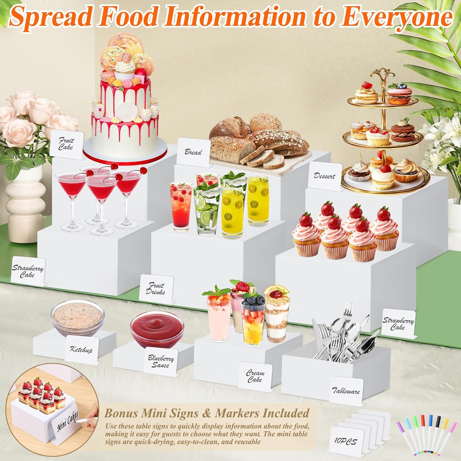 Thumbnail 6 de 10 Pcs White Acrylic Buffet Risers with Mini Sign & Marker — 2-in-1 Nesting Display Stands for Buffet, Desserts, Jewelry and Collectibles