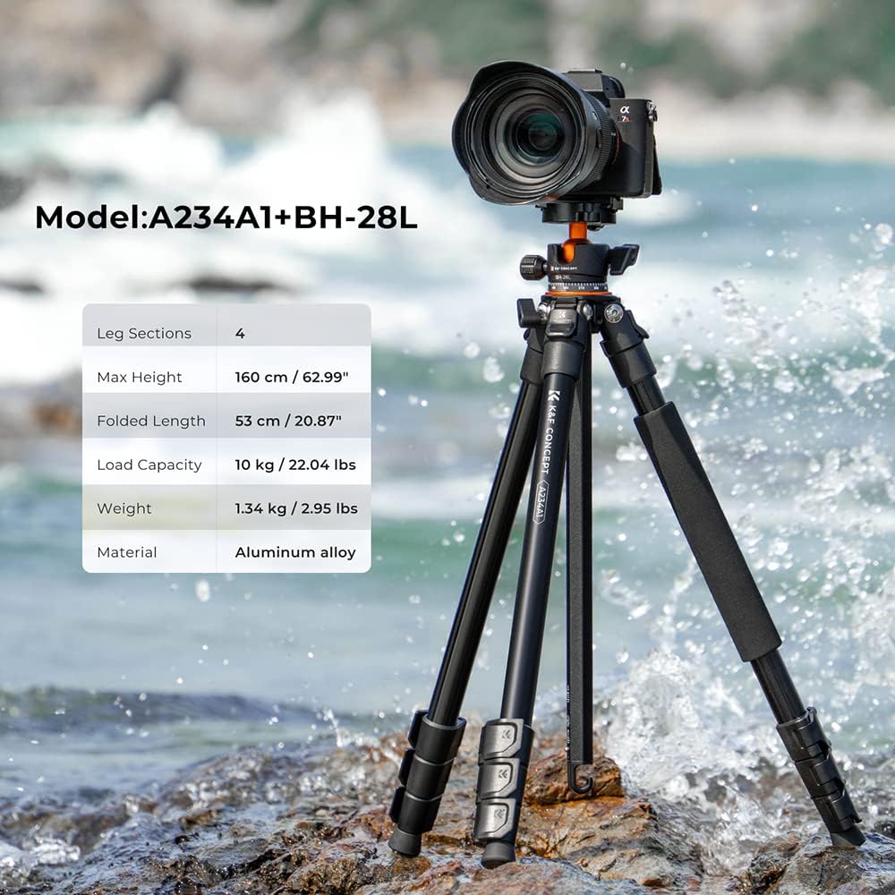 Detalle de K&F Concept 62''/160cm Camera Tripod (A225A1+BH-28L): Portable, Flexible Support for Travel and Work