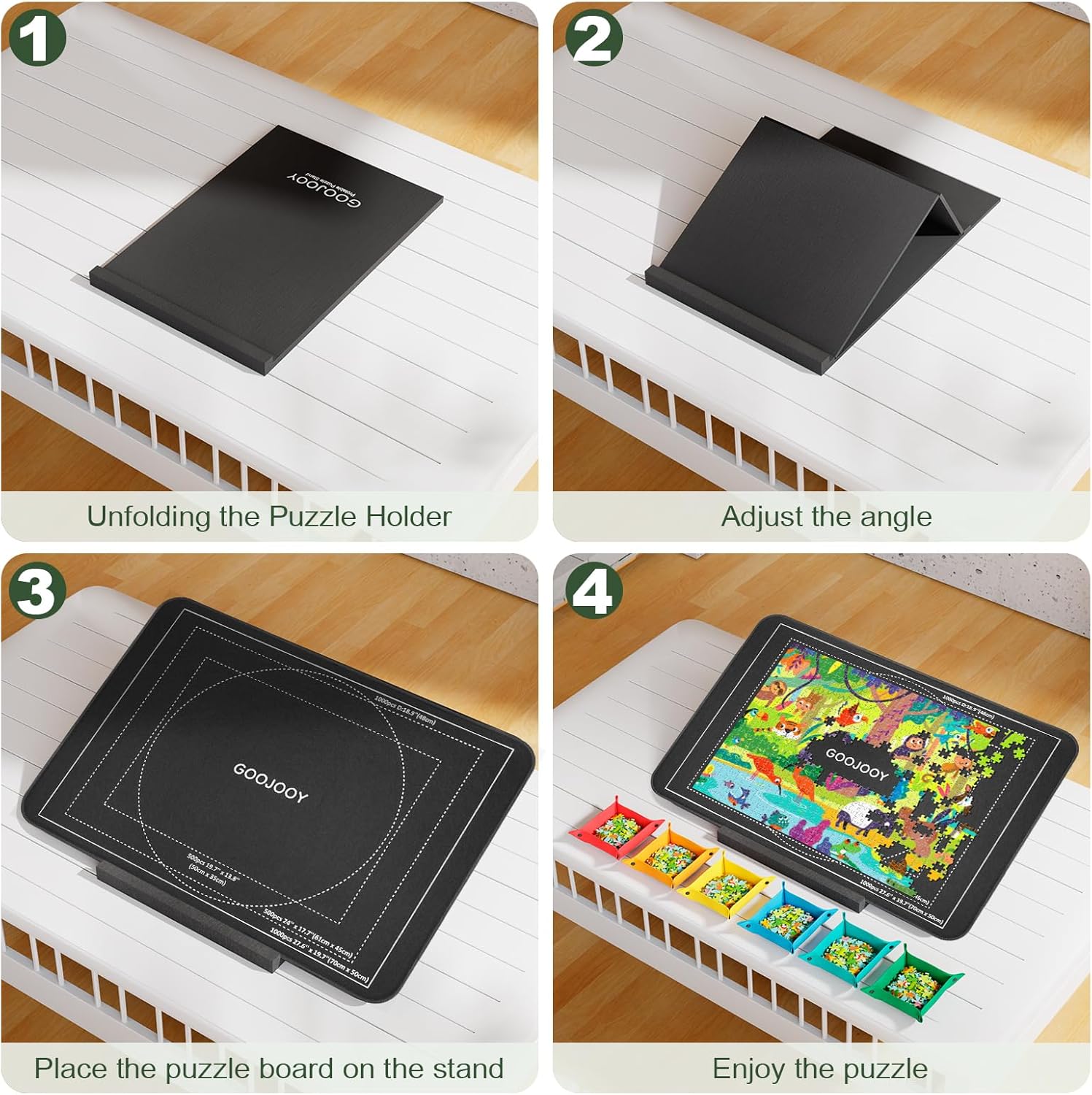 Detalle 2 de GOOJOOY Plateau Puzzle avec Support Réglable et Couvercle Protecteur – ensemble portable pour puzzles jusqu’à 1000 pièces