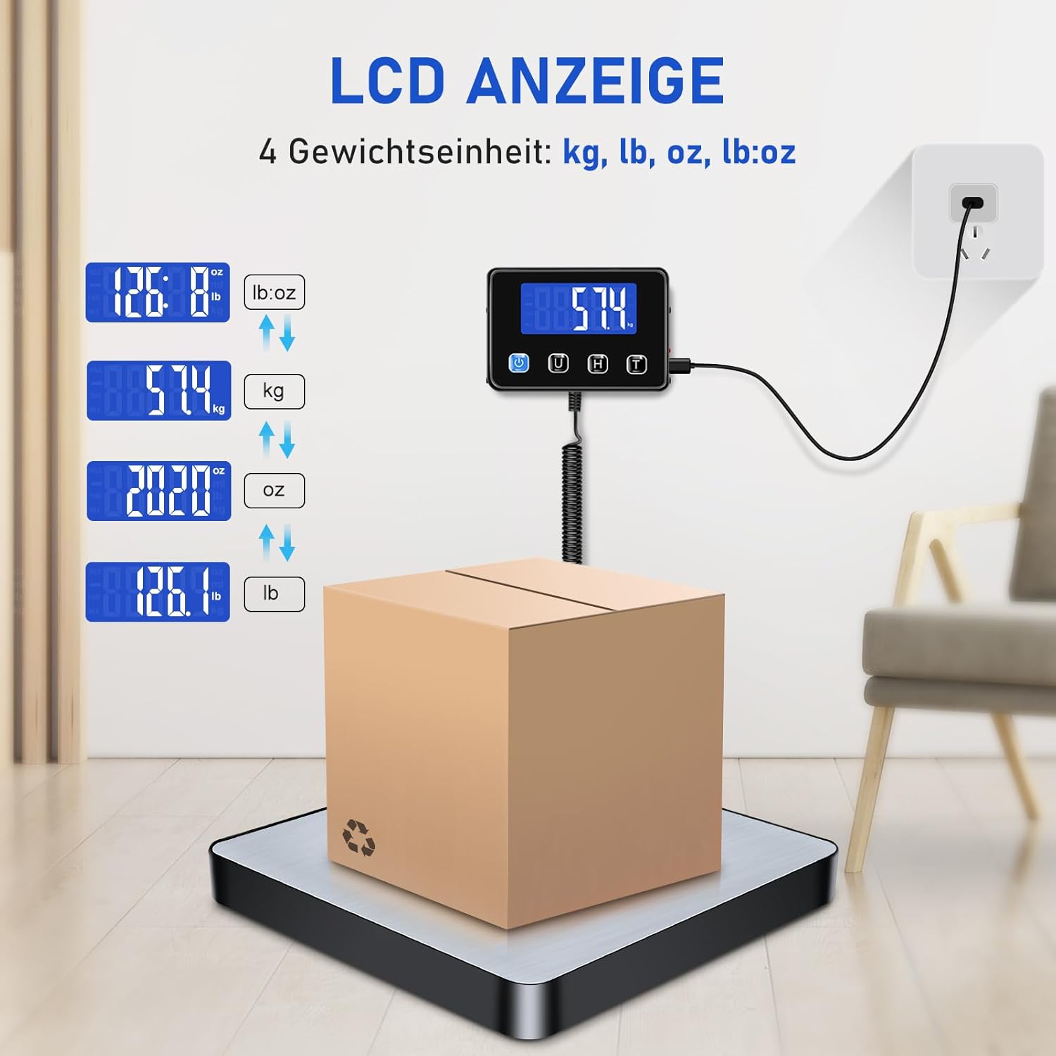 Detalle de Paketwaage mit LCD-Display, 200 kg / 10 g, Edelstahl-Plattform und Halte-/Tara-Funktion