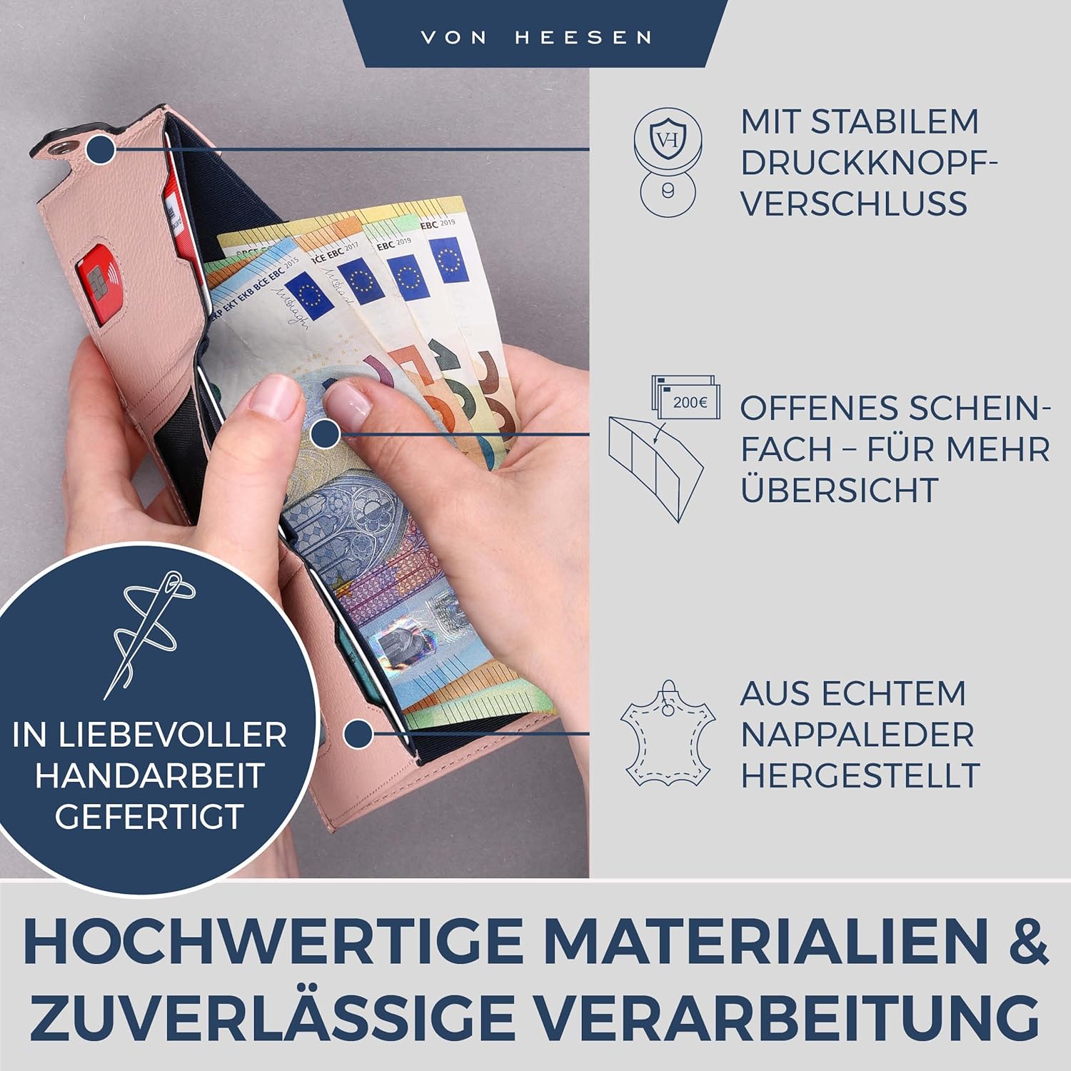 Thumbnail 3 de VON HEESEN Slim Wallet mit XXL Münzfach und RFID-Schutz – Nappa-Leder Kartenetui klein in Rose
