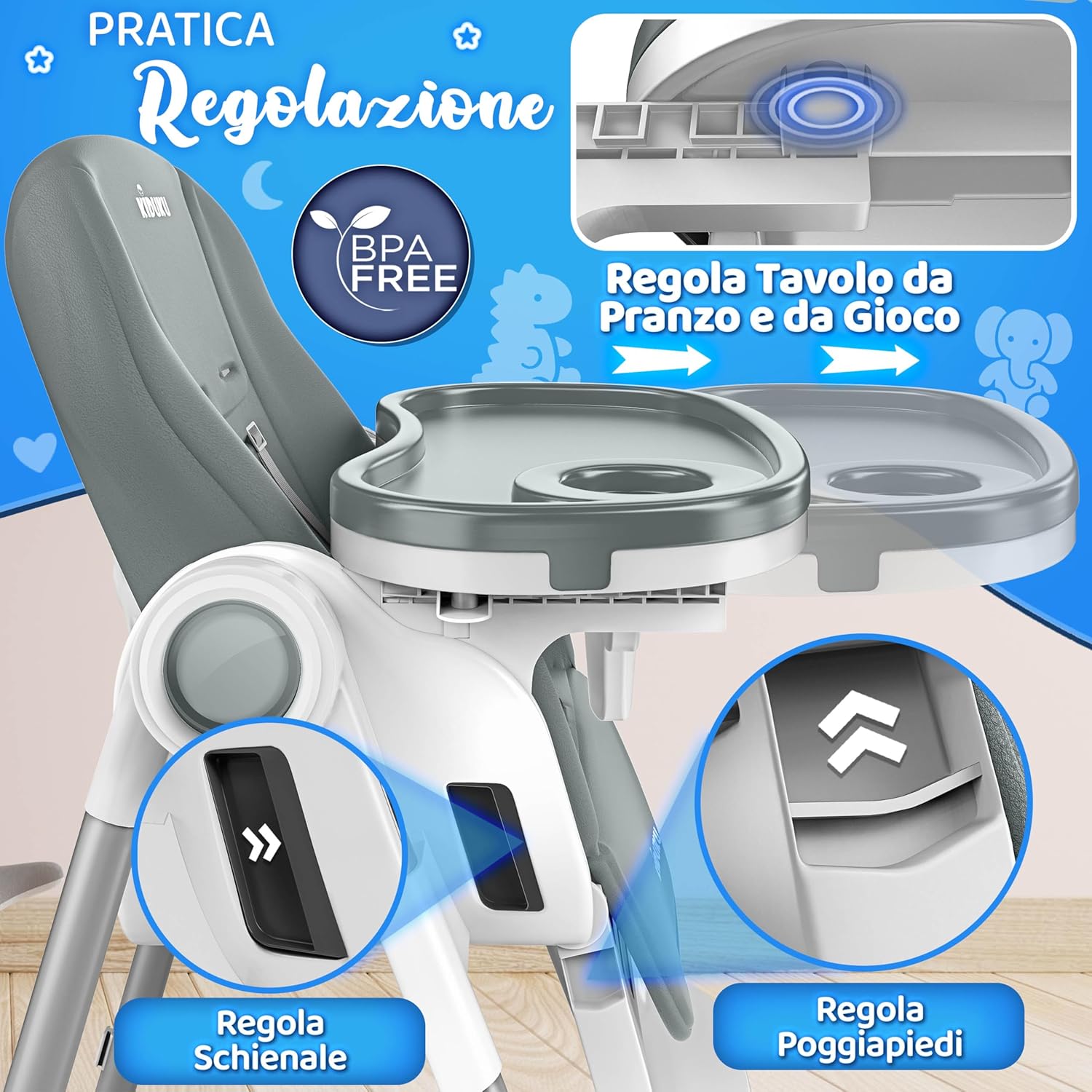 Thumbnail 5 de KIDUKU Seggiolone Pappa Neonato 3 in 1 con riduttore e bavaglino, pieghevole, regolabile 7 livelli (grigio chiaro)