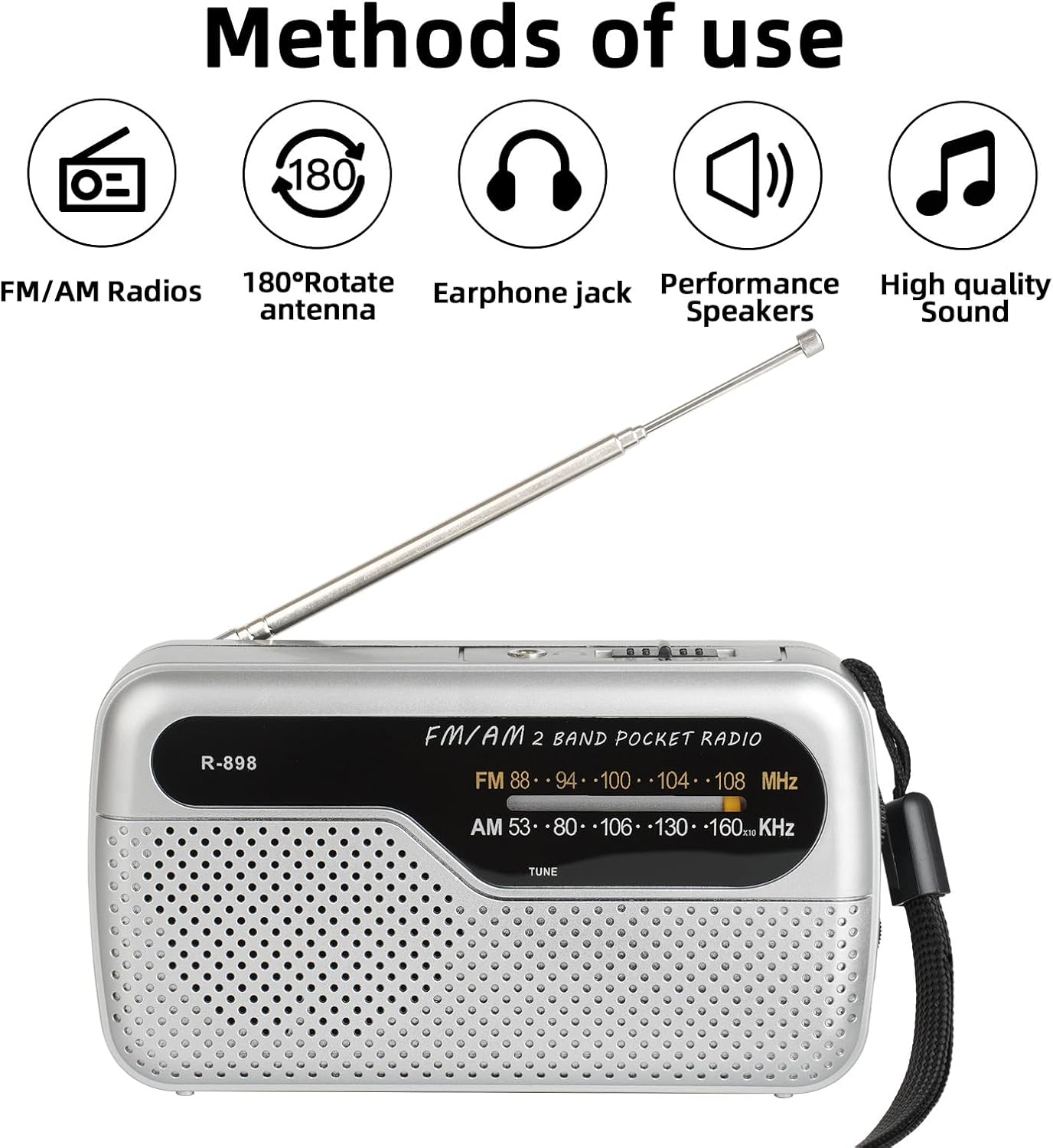 Detalle de Raypow radio portatile transistor AM/FM con DSP e cordino (argento) – tascabile per uso interno ed esterno