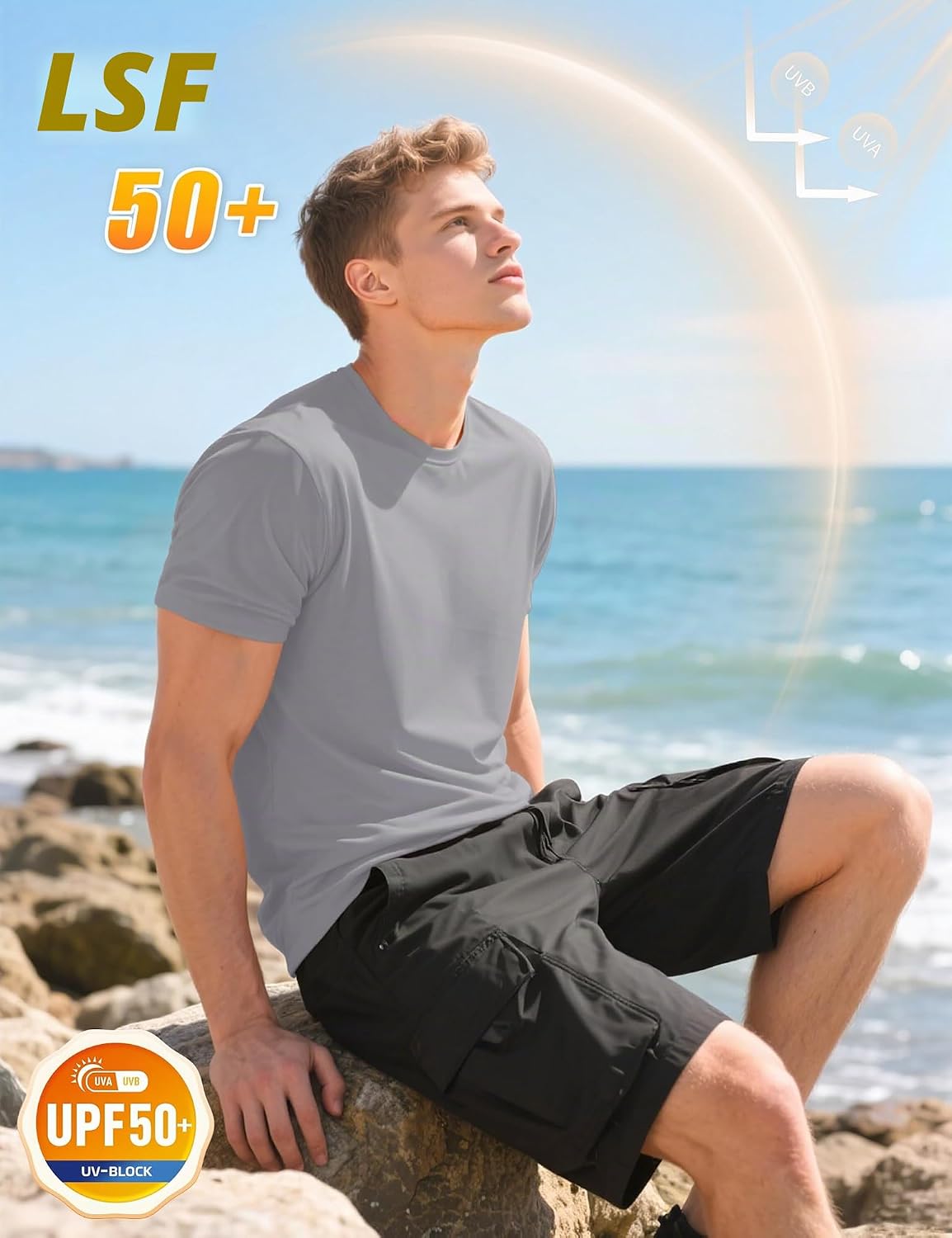 Detalle de KEFITEVD UV Shirt Herren – Kurzarm-Schnelltrocknendes Funktionsshirt mit UPF50+