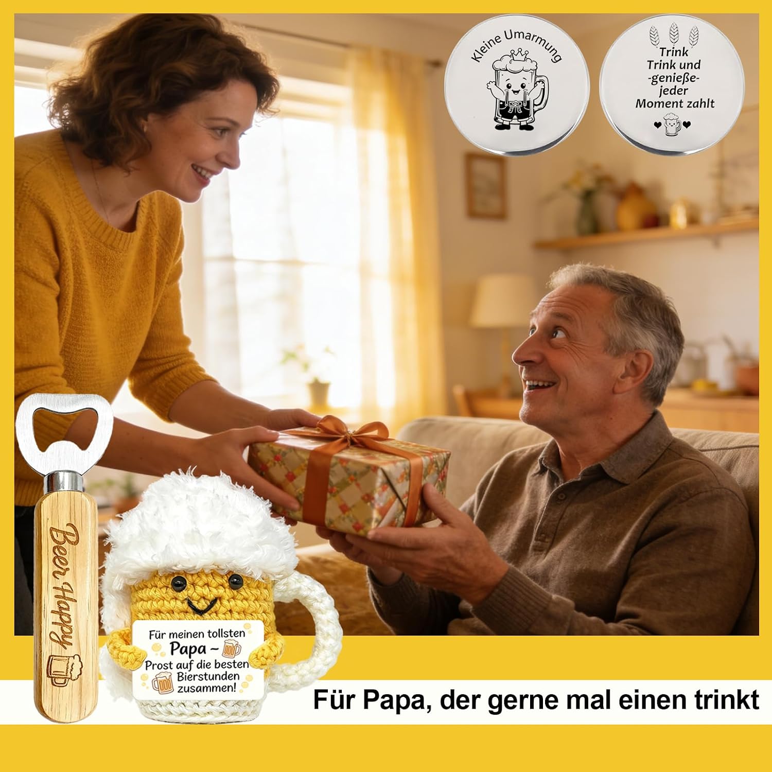 Detalle 2 de 3-teiliges Bier Geschenkset für Männer – Handgestrickte Bierpuppe mit Flaschenöffner & Glücksbringer Münze