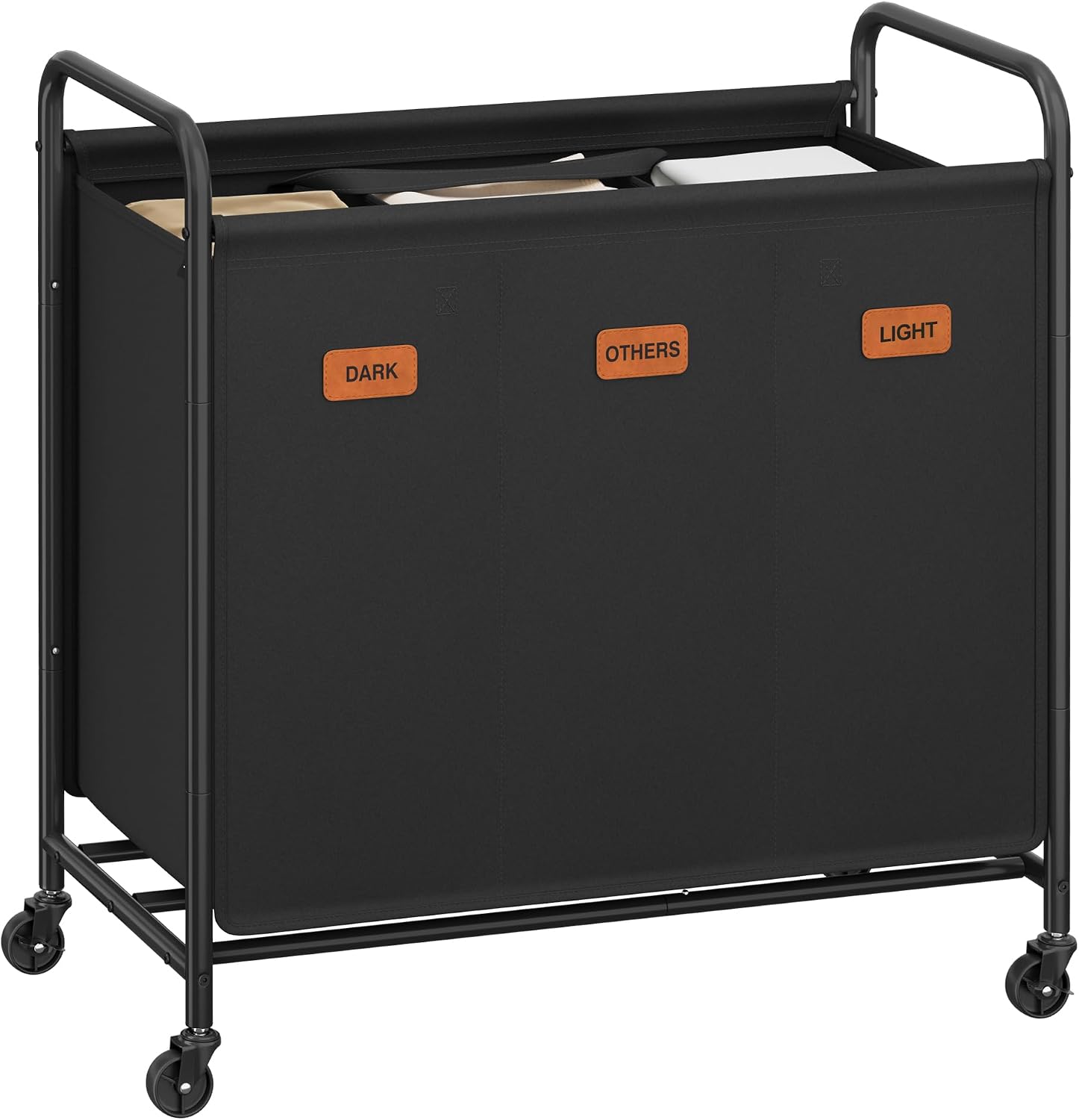 Detalle de SONGMICS STEVIE RLS330B01 waswagen met 3 vakken, 170 liter en wielen
