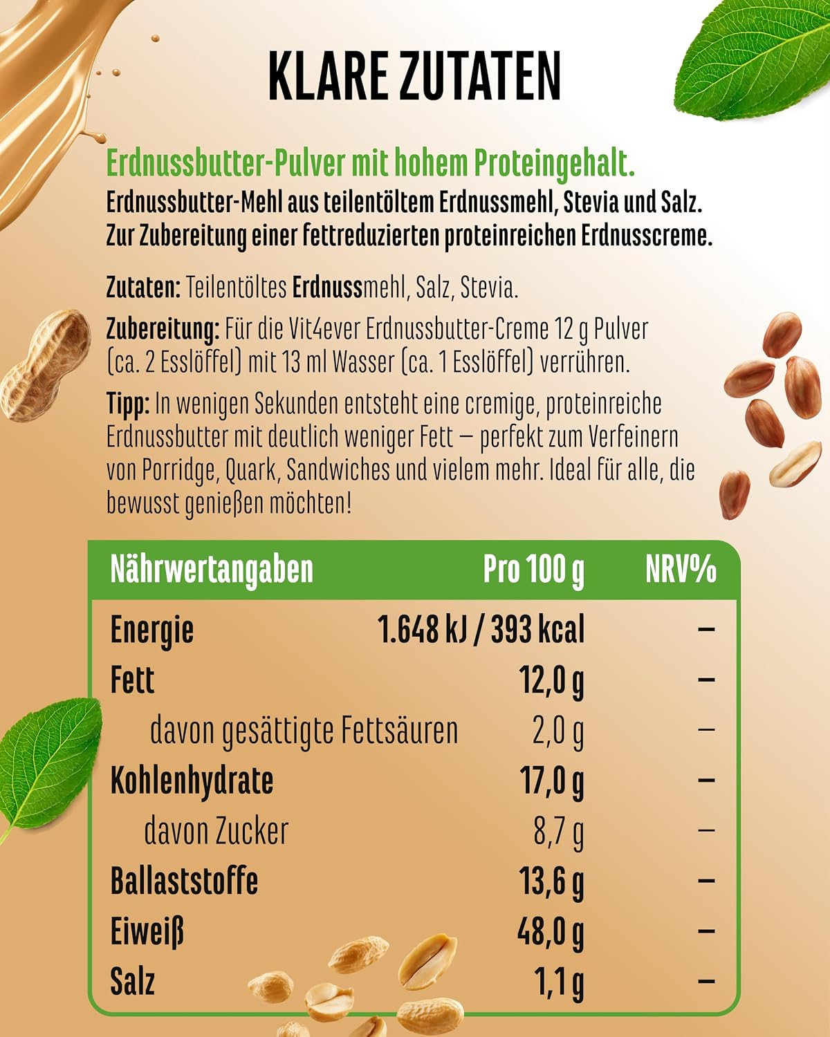 Detalle 2 de Vit4ever Erdnussbutter Light Pulver 500 g 🍯?