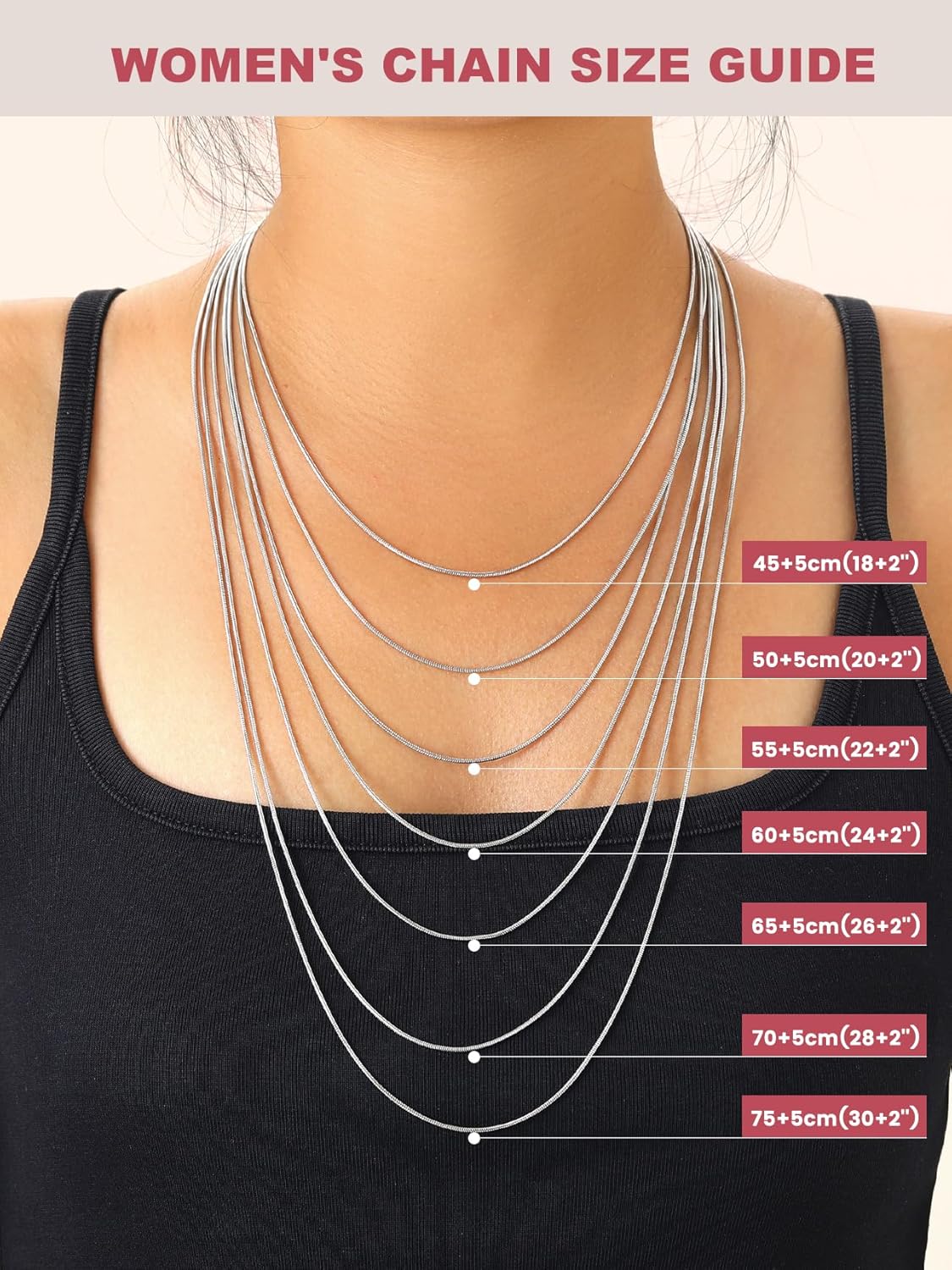 Thumbnail 5 de FOCALOOK Collier Chaîne Serpent Femme Fine 1,2 mm - Acier Inoxydable 70 cm + 5 cm de rallonge
