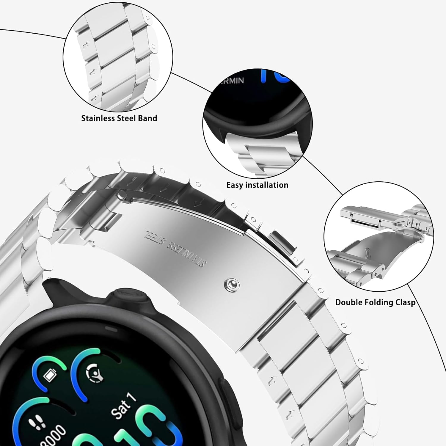 Thumbnail 1 de SumRioo 20mm Stainless Steel Strap (Metal Band) for Garmin Vivoactive, Venu & Forerunner models – Silver