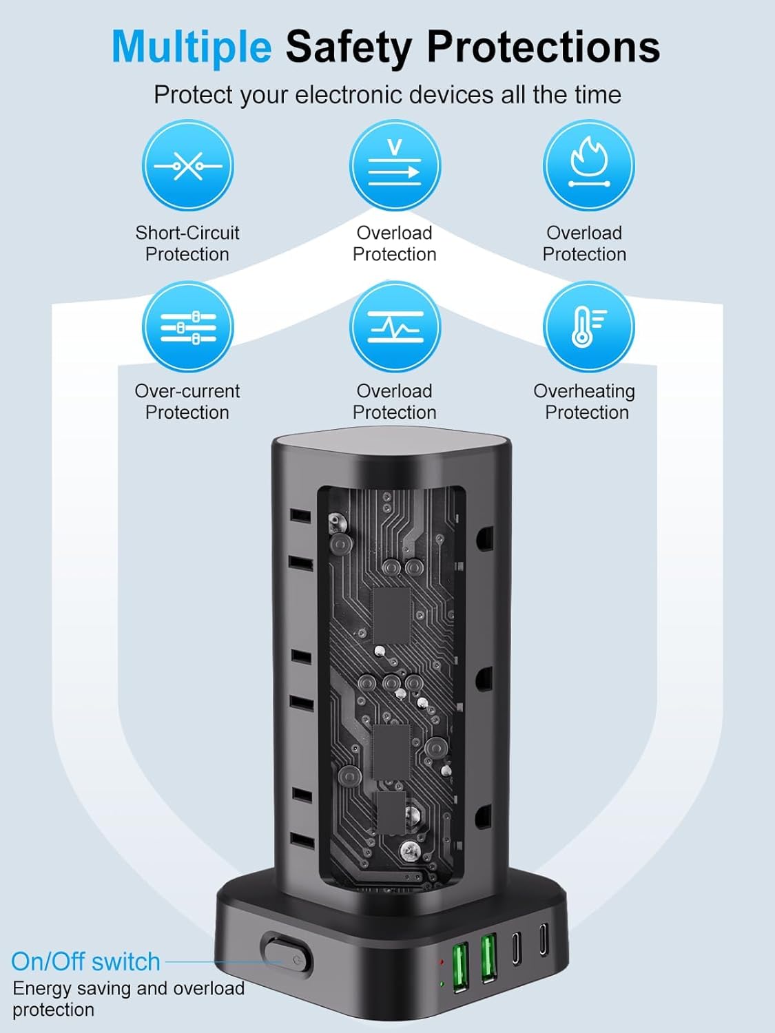 Thumbnail 5 de UWIWUTEI HD-Q16 Power Strip Tower, 12 Outlets, 4 USB Ports, 1800J