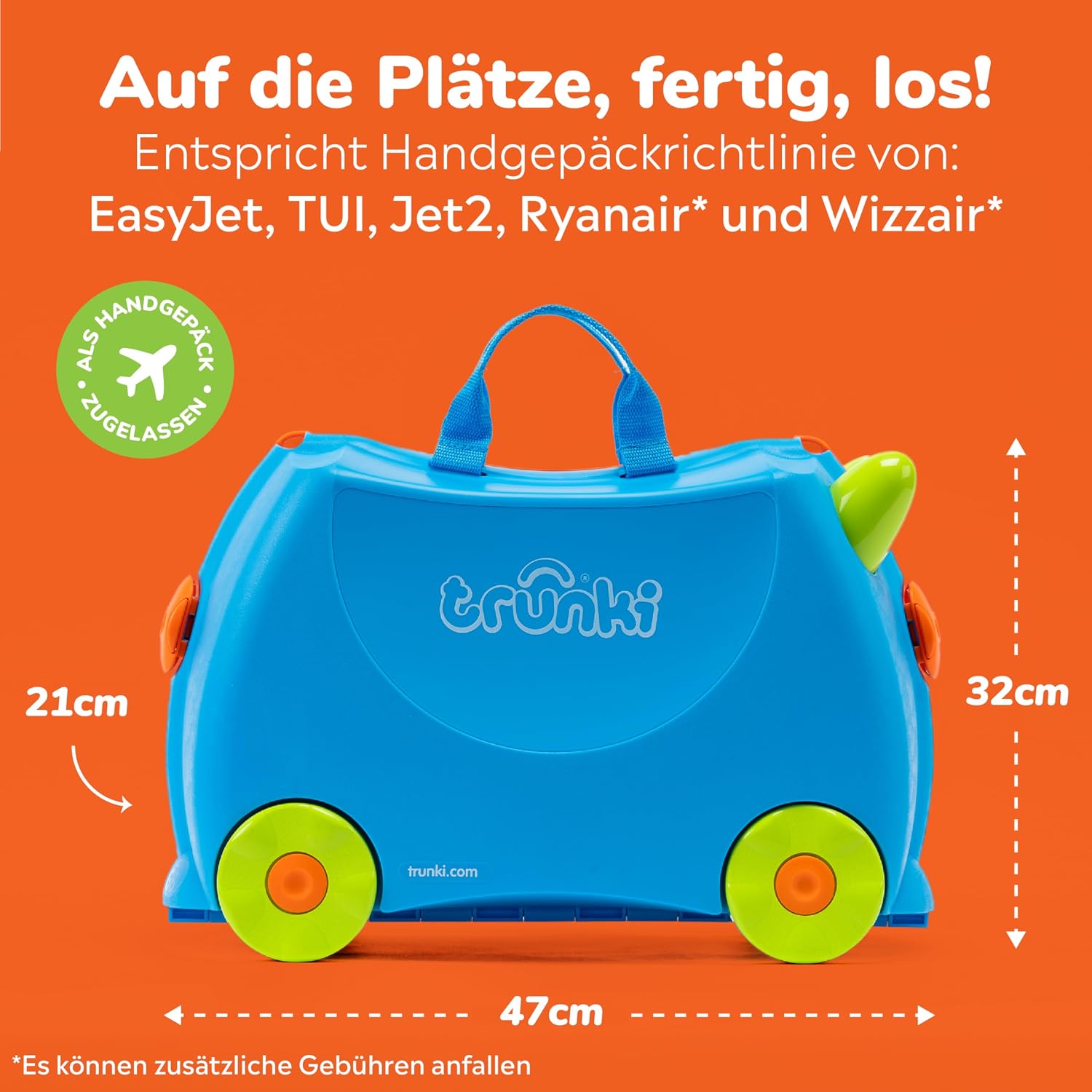 Detalle de Trunki Der originale Kinderkoffer zum Draufsitzen – 18 L Handgepäck, befahrbarer Hartschalen Reisekoffer mit Rollen