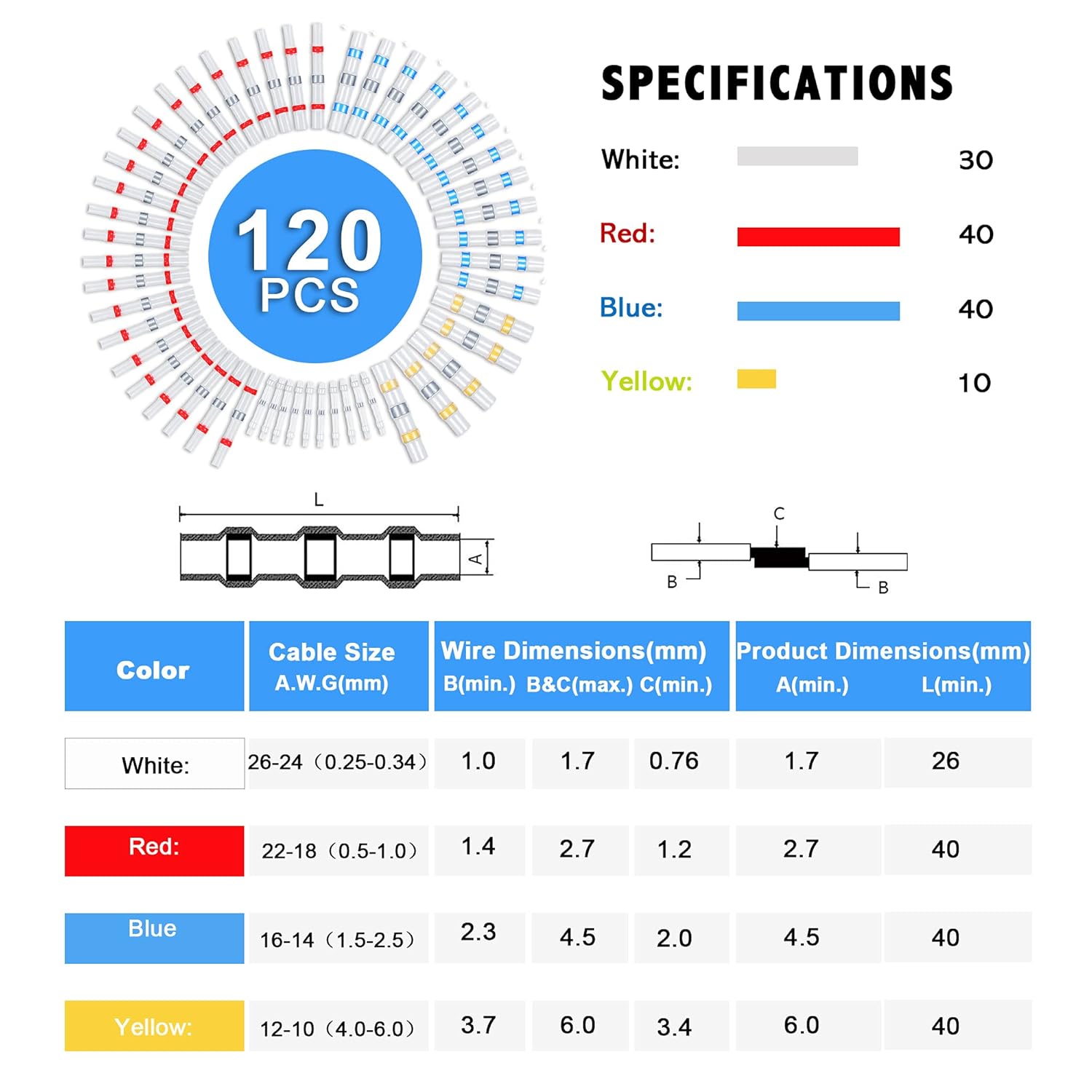 Thumbnail 1 de Kuject 120PCS solder seal wire connectors with heat-shrink butt splices (waterproof, self-solder)