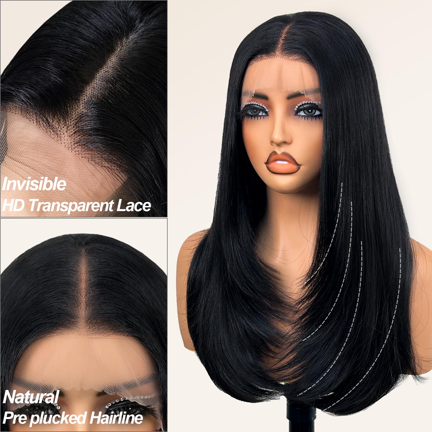 Detalle 2 de Glueless Synthetic Lace Front Wig 26 Inches – 13x5x1 HD Lace, Natural Black (#1B) for Black Women