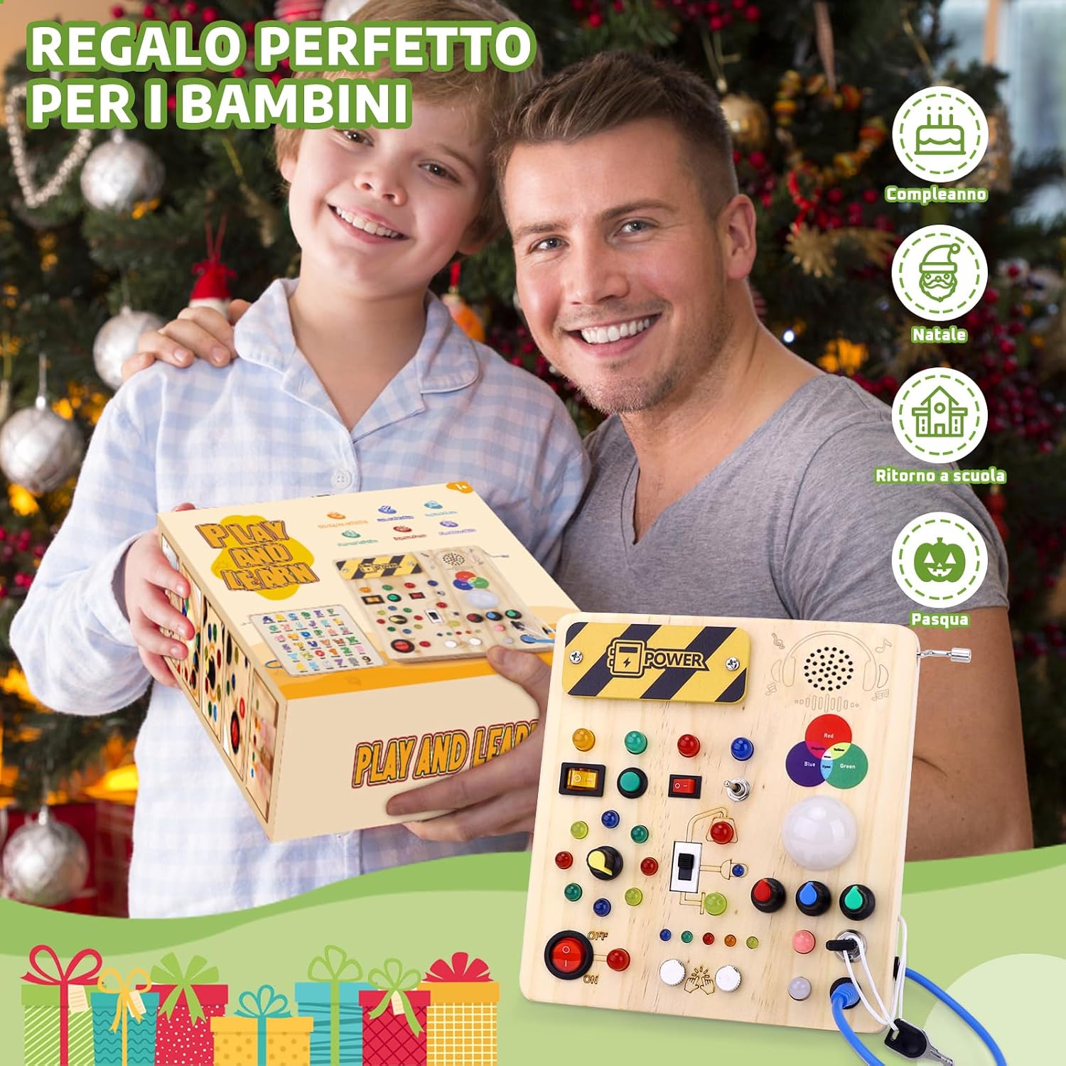 Thumbnail 5 de Giochi Montessori 1 anno per bambini: Busy Board in legno Konijiwa con 13 interruttori e 24 luci LED