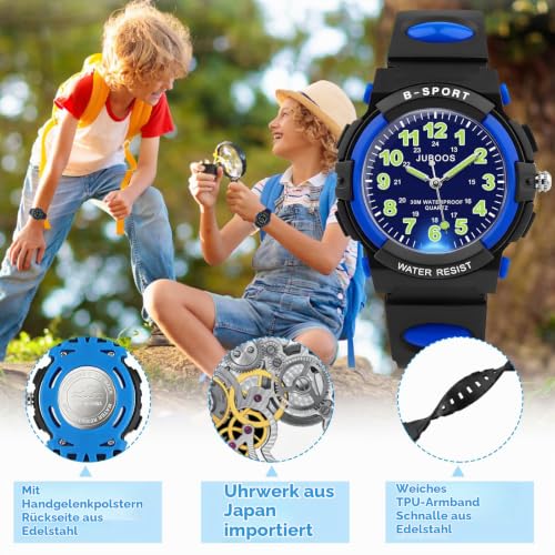 Thumbnail 3 de Juboos Neue 7-Farbige Kinderuhr – Analoge Quarz-Uhr mit Gummiarmband, Wasserdicht 30M, Blau-Schwarz
