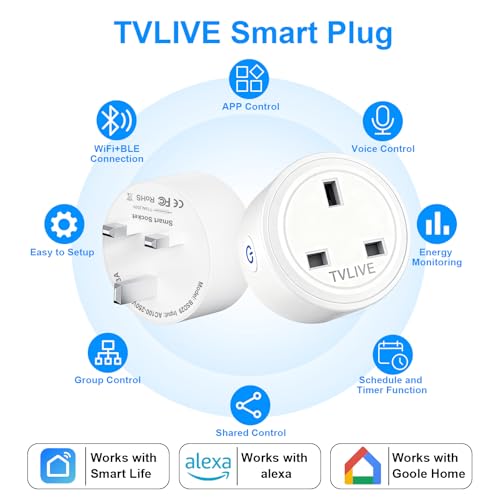 Detalle 2 de TVLIVE Smart Plug 2 Pack: Alexa & Google Home Voice Control, Energy Monitoring, 2.4GHz Wi‑Fi, UK Plug