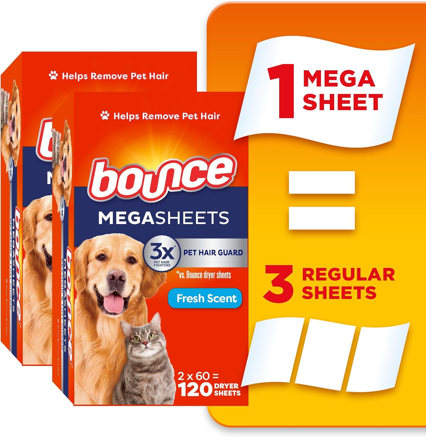 Detalle de Bounce Bounce-1 Mega Dryer Sheets, 3X Pet Hair Fighters, 120 Count