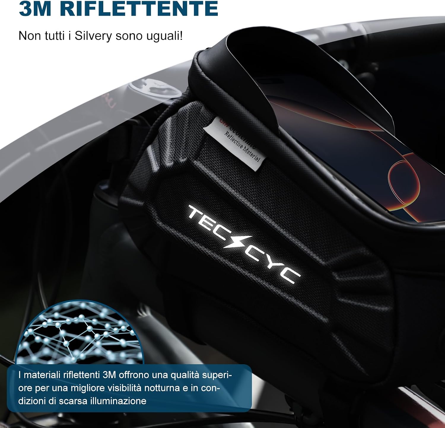 Detalle de TECHCYC Borsa Telaio Bici con riflettente e touchscreen TPU, impermeabile per MTB, gravel, strada ed e-bike