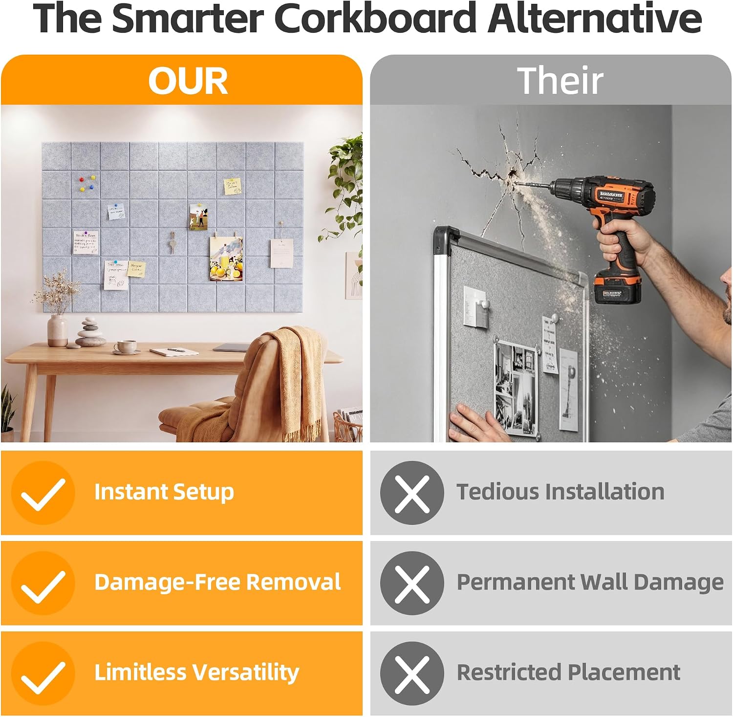 Thumbnail 6 de Uoisaiko Cork Wall Board 30 x 30 cm with 6 Adhesive Felt Panels and 30 Push Pins (Light Grey)