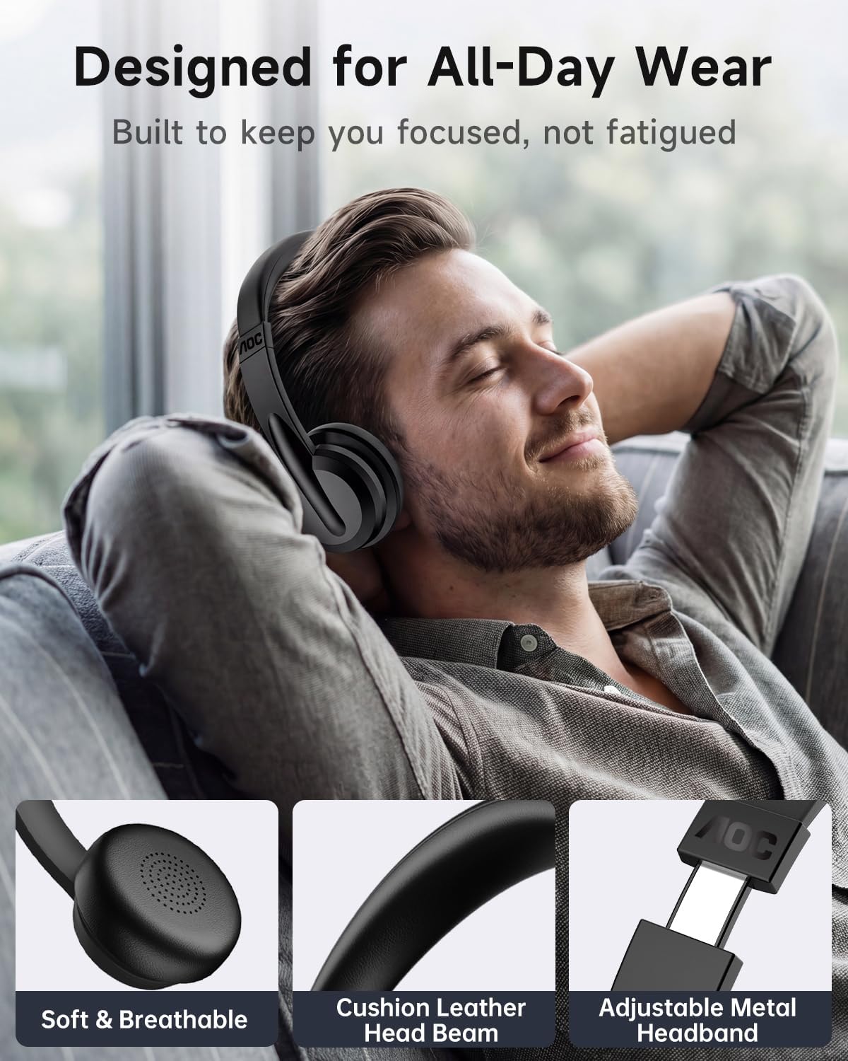 Thumbnail 5 de AOC Wireless Headset with Microphone for Work (V5.4) – 40h Battery, AI Noise Cancellation and 3-in-1 Connectivity