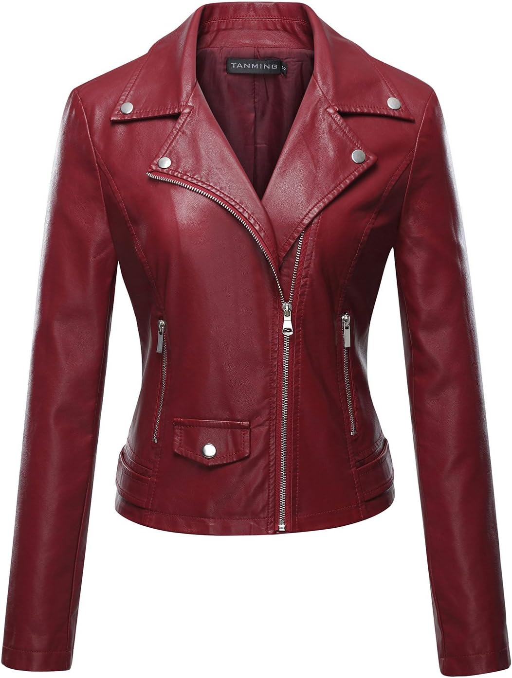 Detalle de Tanming Women's Faux Leather Moto Jacket with Notched Lapel and Zip-Up Front