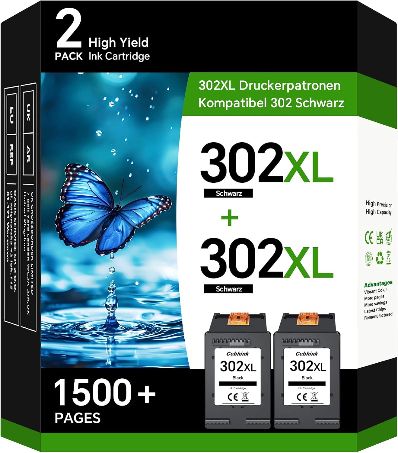 Detalle de Cebhink 302XL Schwarz kompatible Ersatz-Patronen für HP 302 (2 Stück)