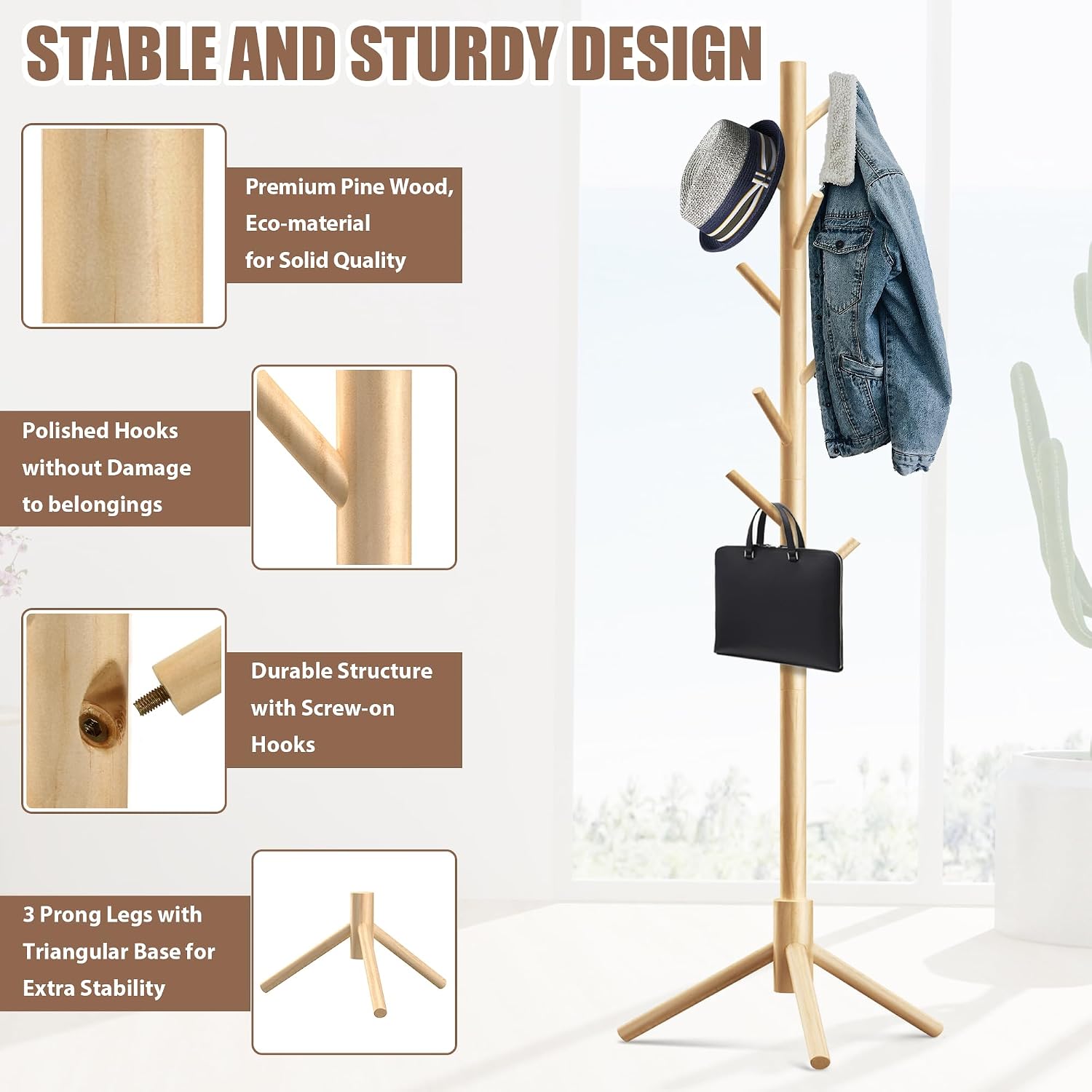 Detalle de Haddockway Wooden Coat Rack with 8 Hooks ⚙
