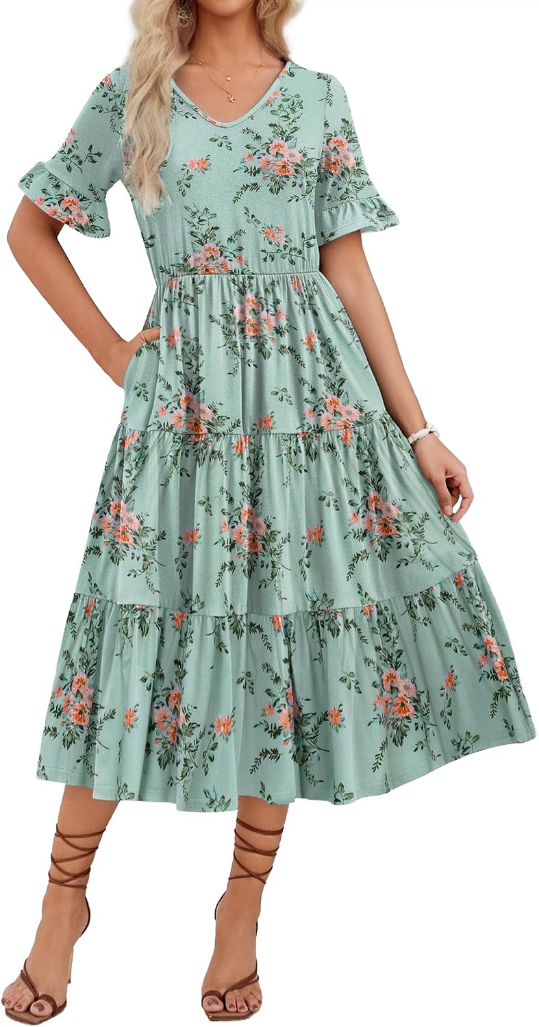 Detalle de ZEAGOO Women's Summer Dresses Midi Tiered Floral V Neck Ruffle Short Sleeve with Pockets