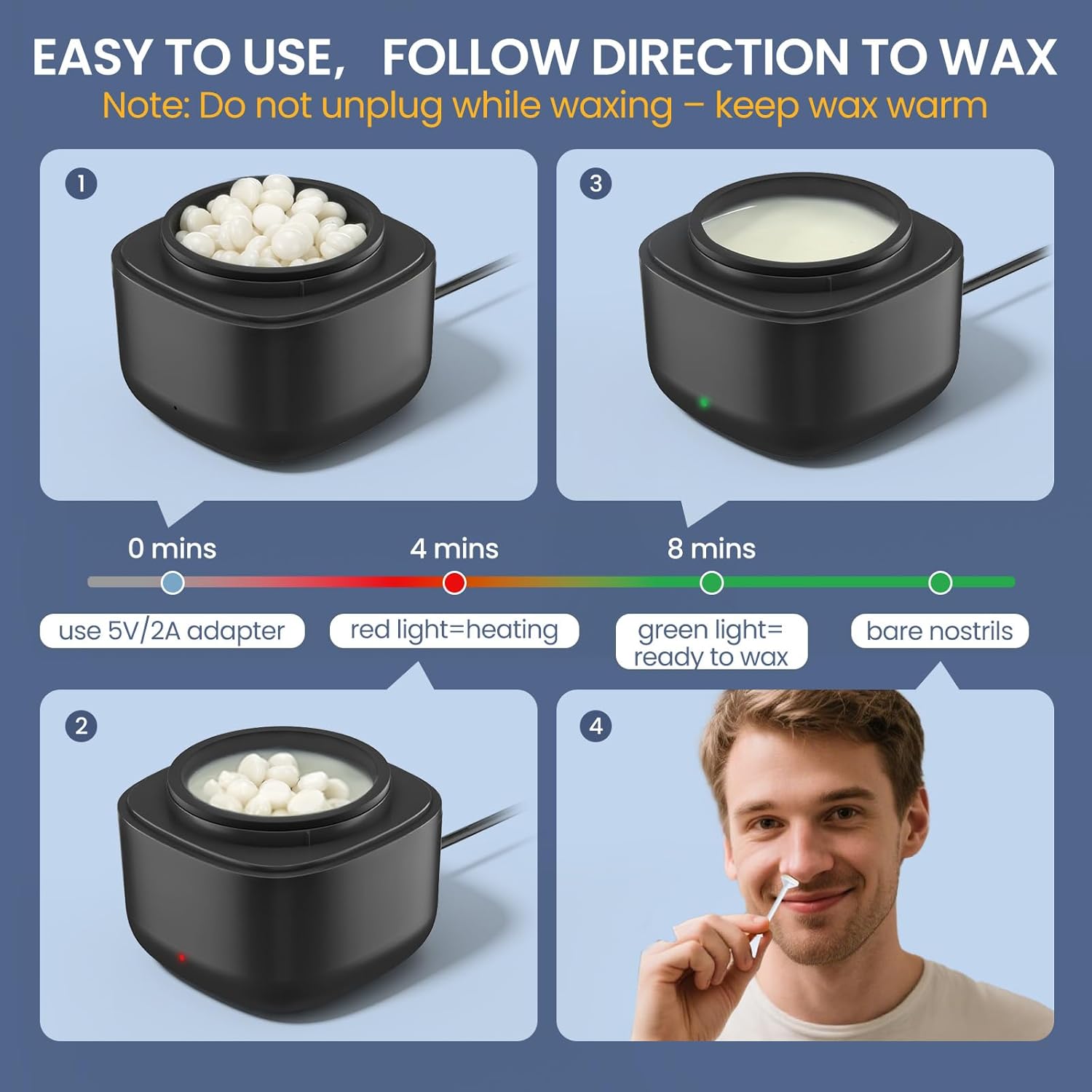 Detalle 2 de AUZEAL Nose Wax Kit for Men (USB Fast Heat, Smart Constant Temp) — Nose & Ear Hair Removal with 40 Wax Sticks
