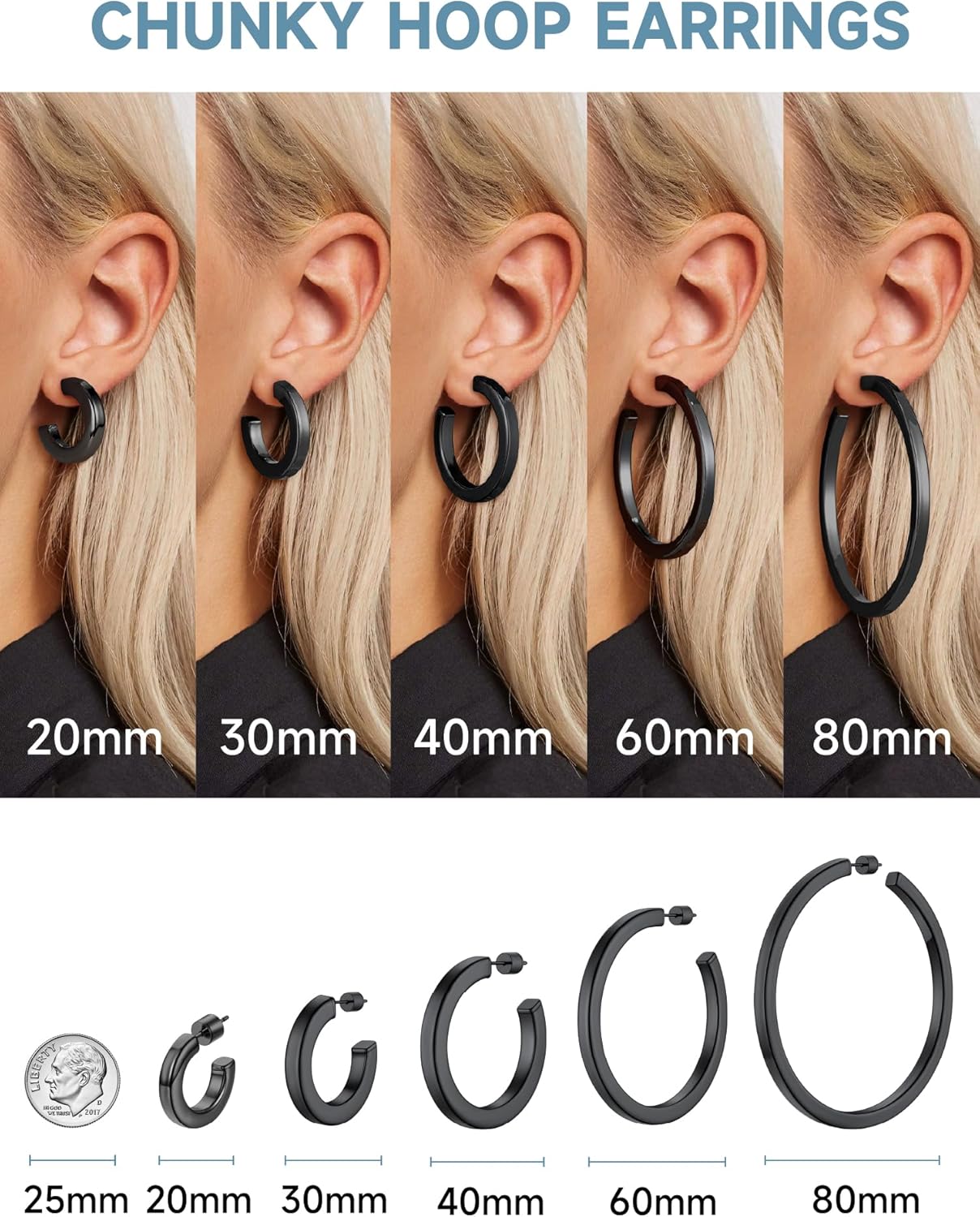 Thumbnail 6 de PROSTEEL Demi-créoles carrées ouvertes en acier inoxydable 316L (noir ou plaqué or) — tailles 20, 30, 40, 60 et 80 mm
