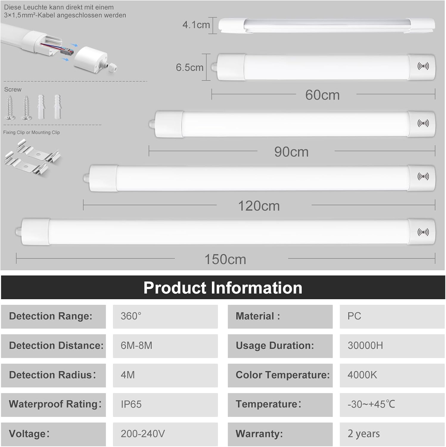 Detalle de LEOEU LED Feuchtraumleuchte 120 cm mit Bewegungsmelder, 36W, IP65, 3950 lm, 4000K – 5er Set