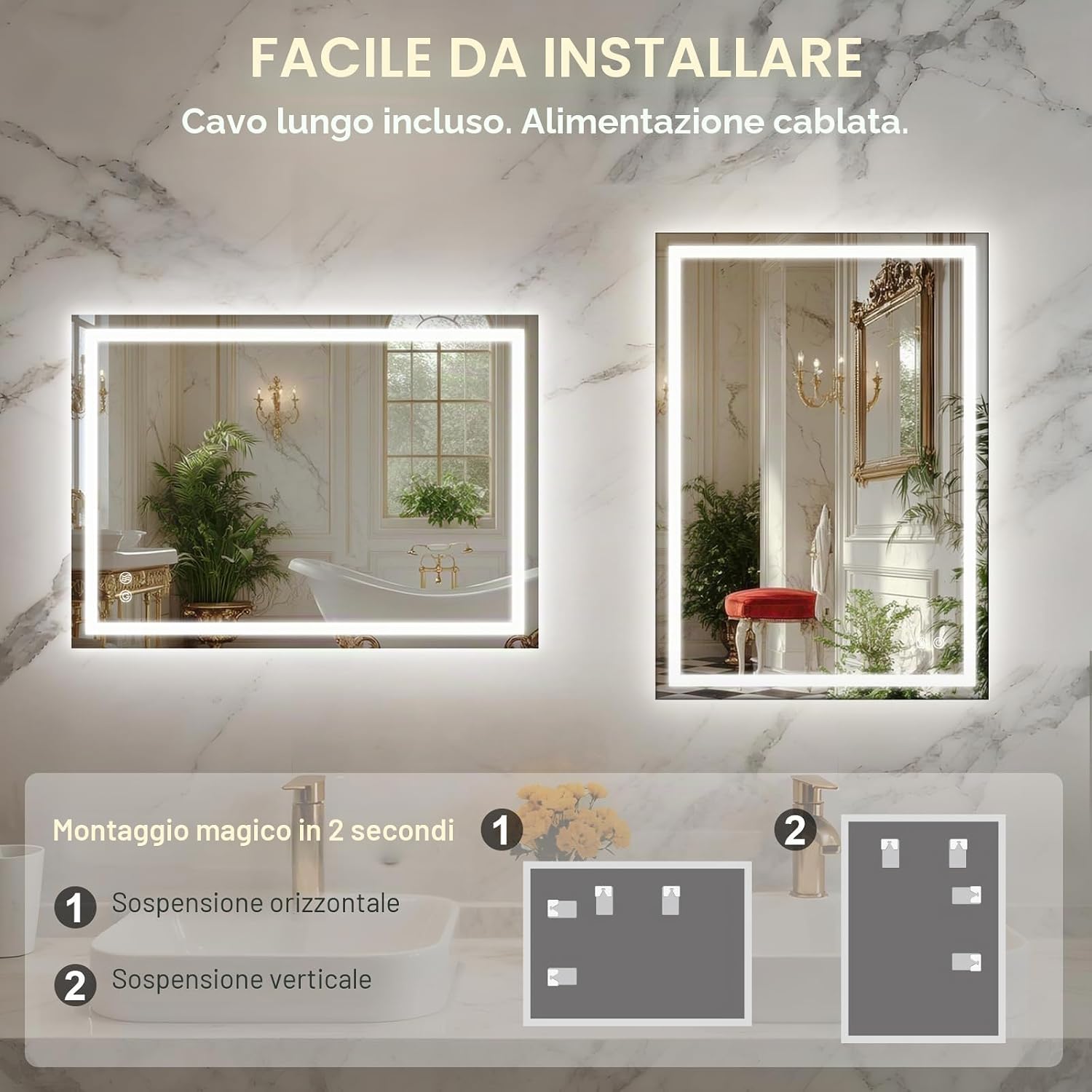 Thumbnail 6 de PINNIP Specchio Bagno con Luce LED Rettangolare 80x60 cm, Antifog, Vetro Temperato, Dimmerabile 3 Colori