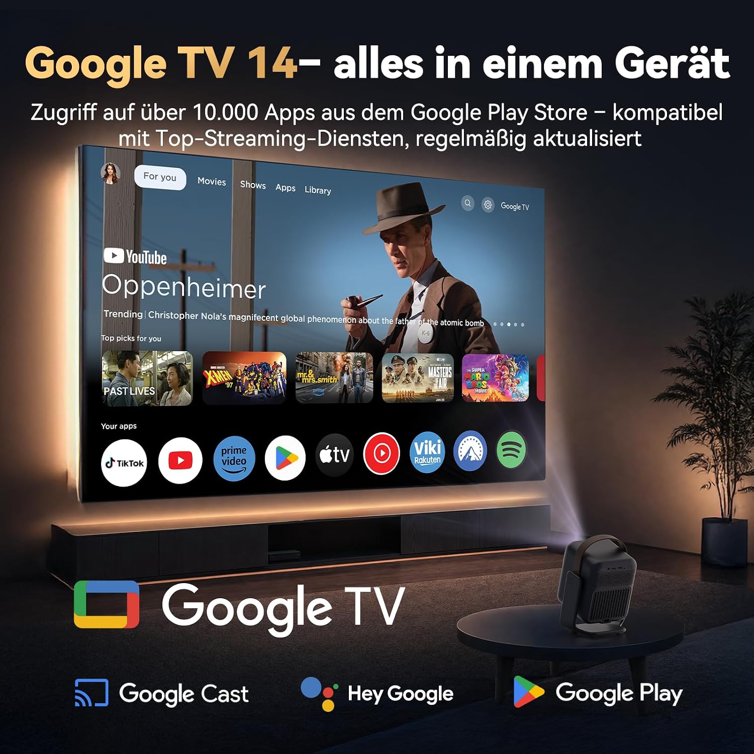 Detalle de WANBO Togo Pro Akku Smart Beamer mit Google TV – Tragbar 1080p, 500 ANSI, 3,5h Akku, 360° Ständer