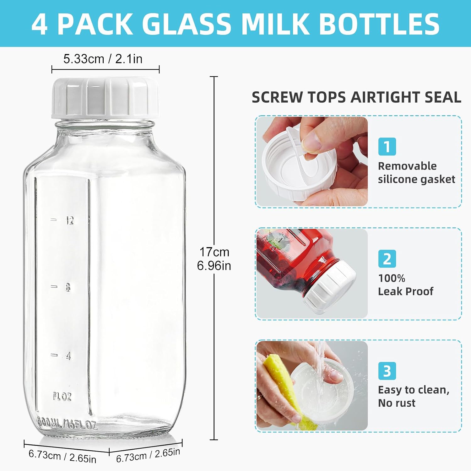 Thumbnail 4 de Absovetu 4 Pack Glass Juice Bottles with Airtight Lids, 500 ml (16oz) reusable glass milk and drink containers