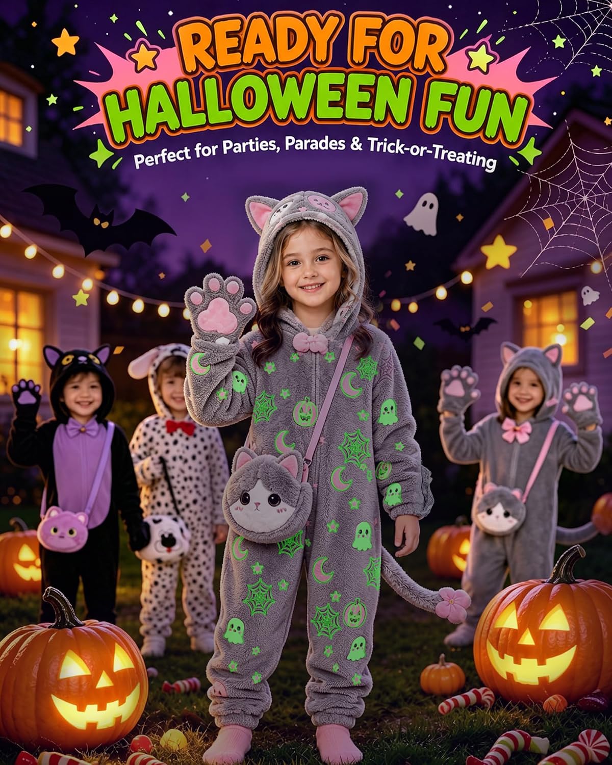 Thumbnail 6 de Gifts2U Glow-in-the-Dark Cat Costume for Kids, Flannel Onesie with Purse