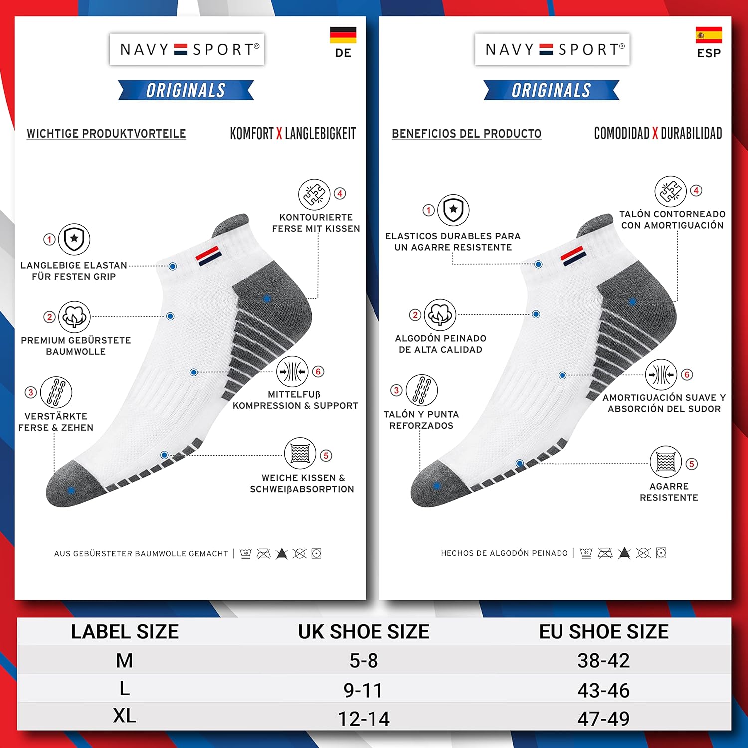 Thumbnail 4 de NAVYSPORT 6 paia di calzini corti sportivi in spugna di cotone per uomo e donna