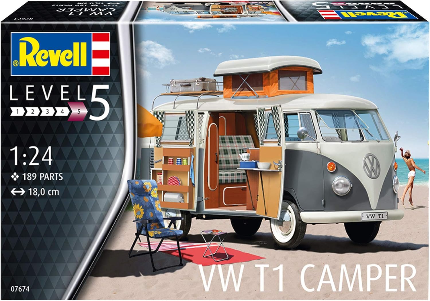 Thumbnail 1 de Revell 07674 Volkswagen VW T1 Bulli Camper – Modellbausatz 1:24, unlackiert, für Experten
